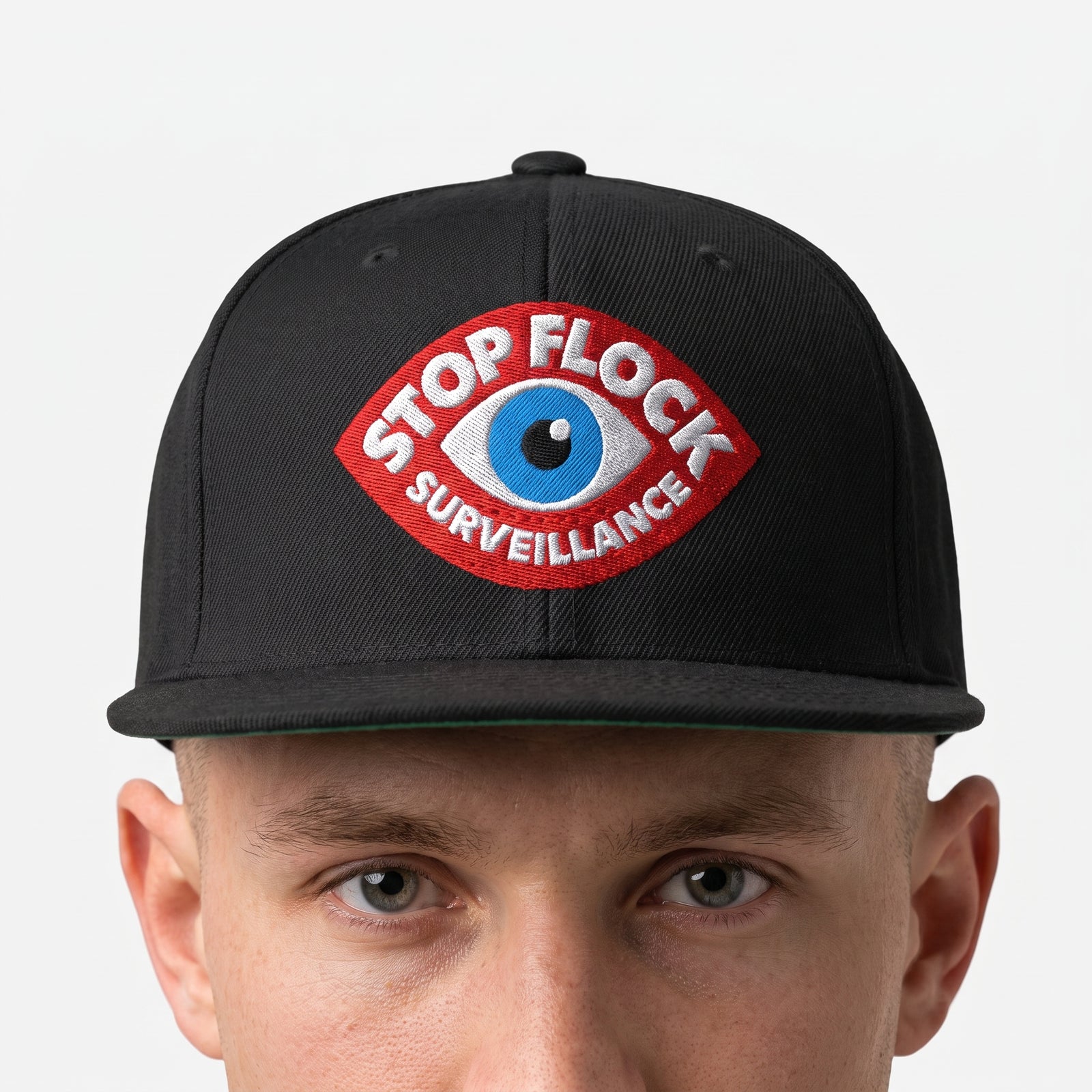 A black flat-brim snapback cap featuring a red embroidered patch on the front with a blue eye and the text 'STOP FLOCK SURVEILLANCE' in white.