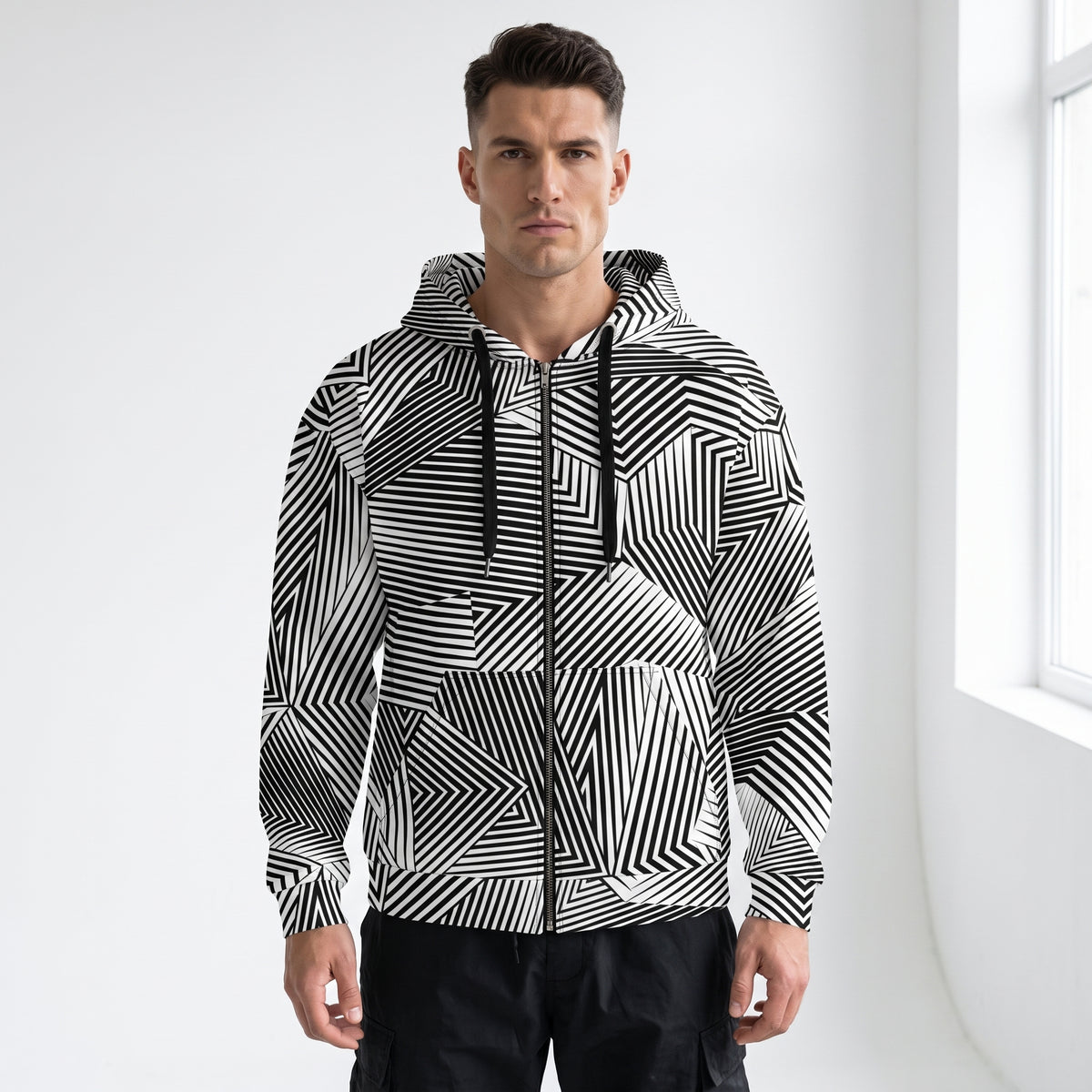 Close-up of man wearing the Dazzle Naval Camo Zip Hoodie
