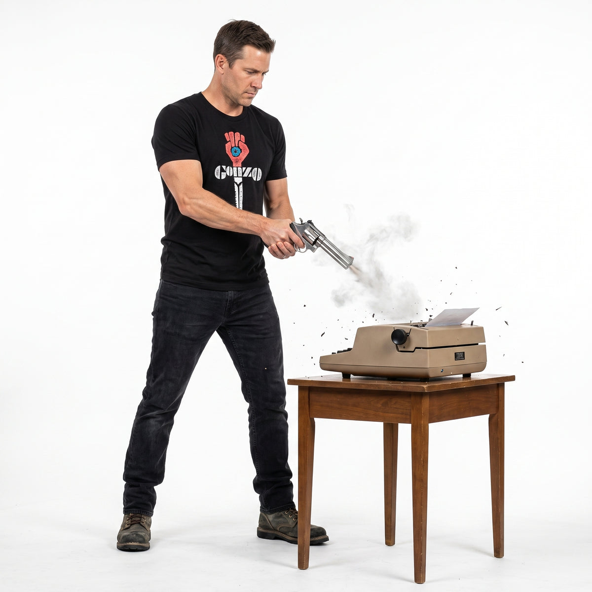 A man in a black graphic t-shirt and dark jeans stands beside a small wooden table, holding a silver revolver over a beige typewriter with smoke effects. The background is a clean white studio backdrop.