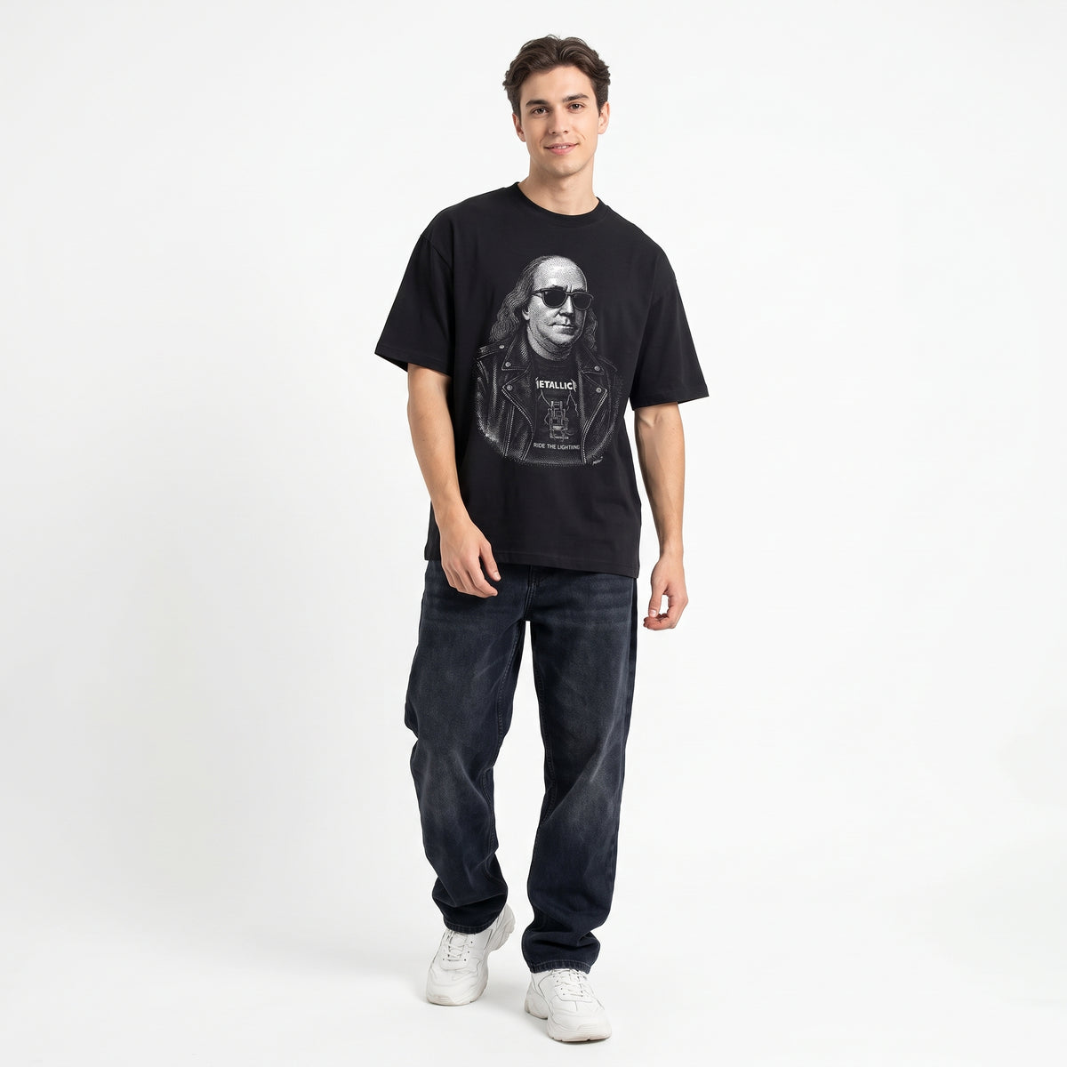 Ben Franklin Rebel Patriot heavyweight pigment-dyed boxy tee in black, front view