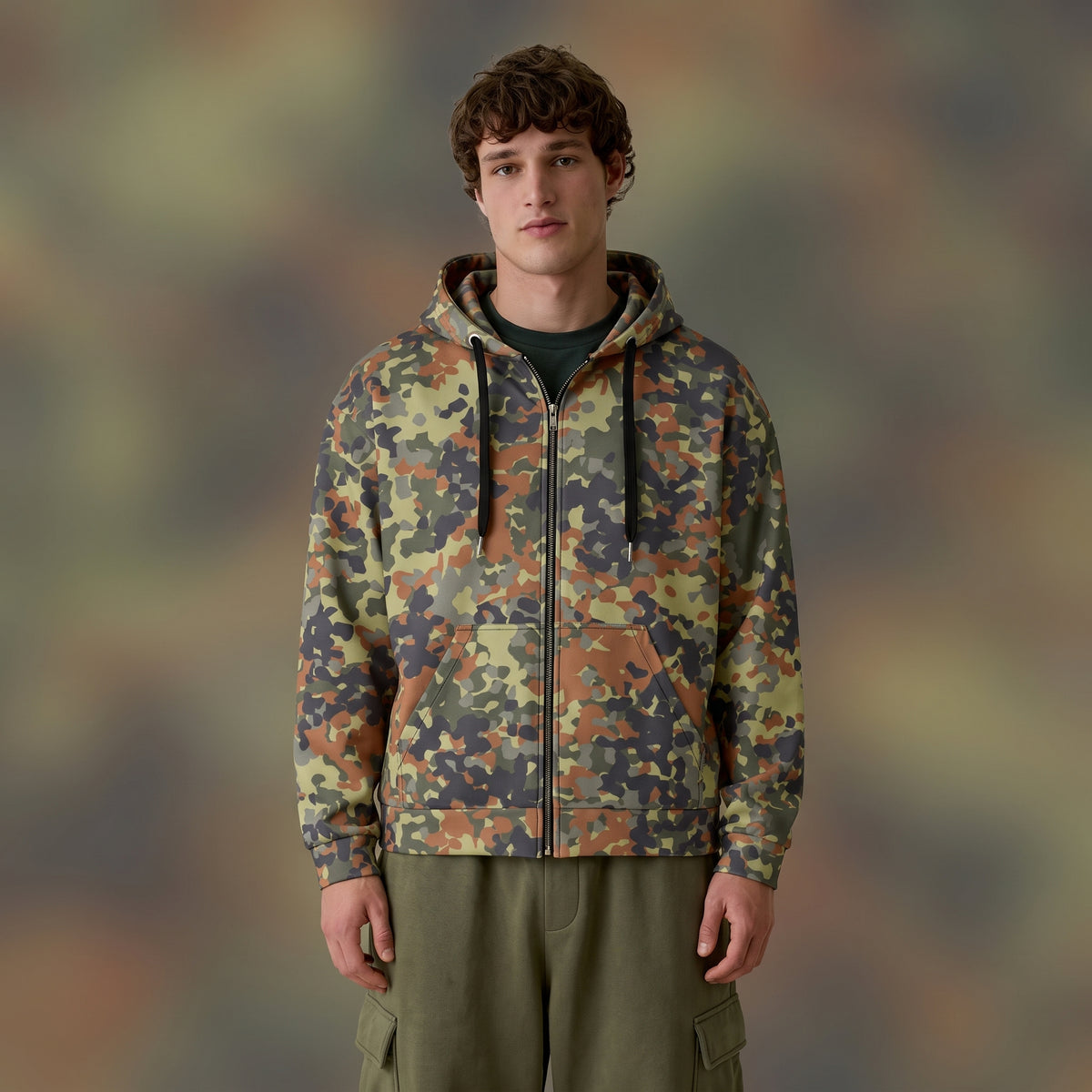 Man wearing the Flecktarn Reconnaissance camo zip hoodie against a gradient backdrop