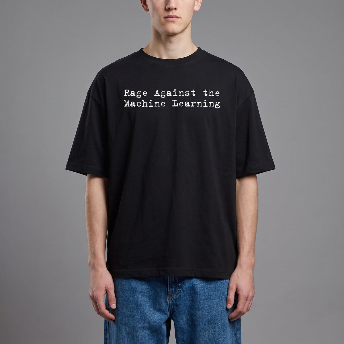 Rage Against the Machine Learning boxy tee showing the relaxed oversized fit