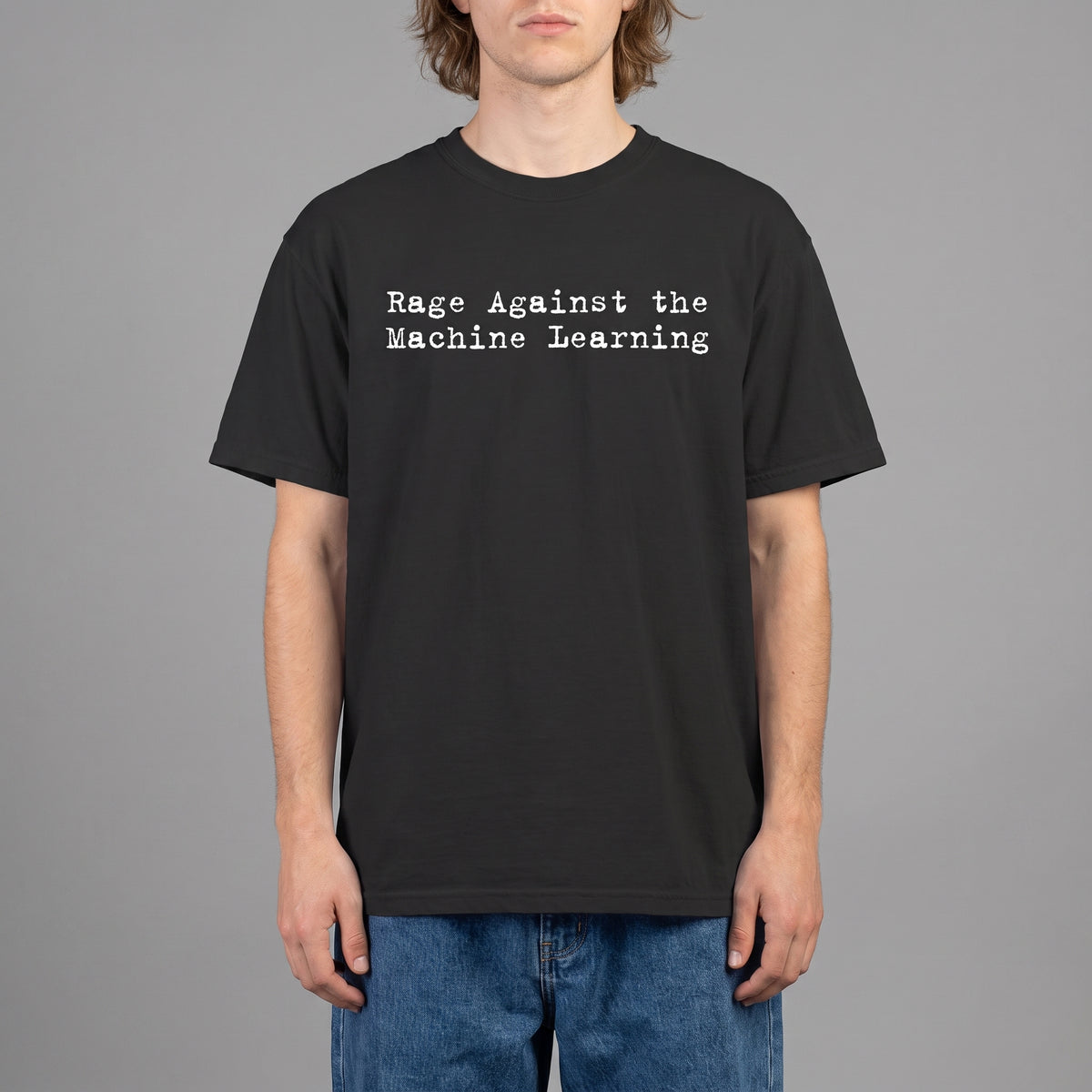 Man wearing the Rage Against the Machine Learning black graphic tee