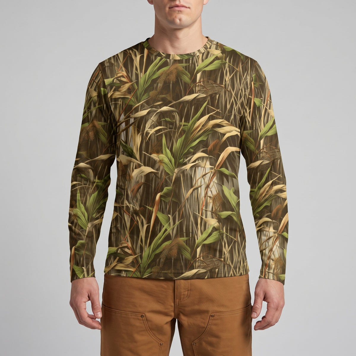 Man wearing the Marsh StealthBlend long sleeve duck hunting camo shirt, original Liberty Maniacs marsh pattern designed in Minnesota and handmade in North America