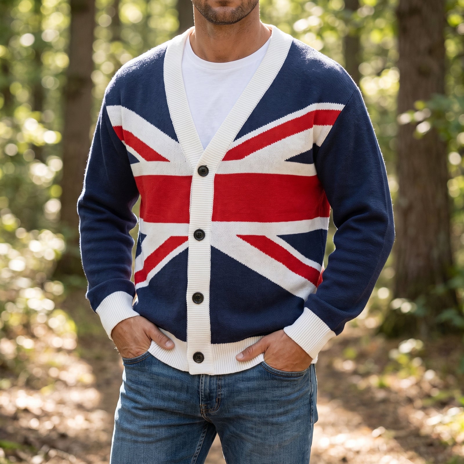 Man wearing the Union Jack knitted cardigan sweater outdoors with a white T-shirt and jeans.