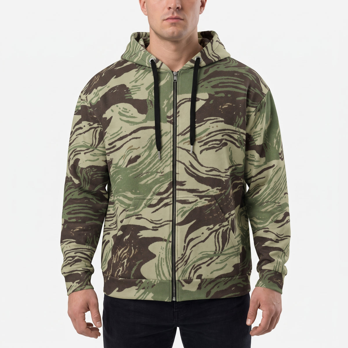Man wearing the Rhodesian Brushstroke Camo Zip Hoodie, alternate front view