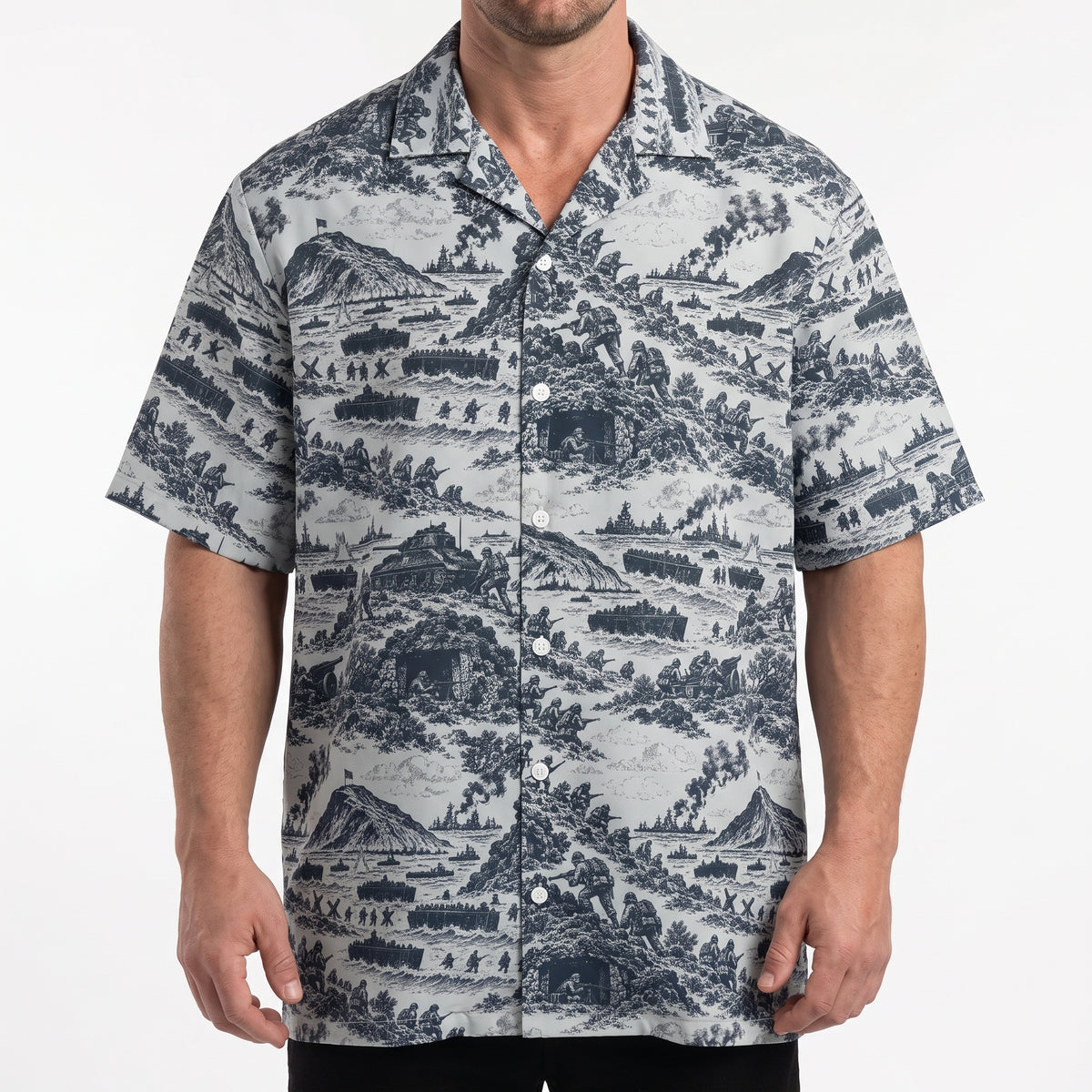 Man wearing the oversized Iwo Jima historical print button-up shirt, front view