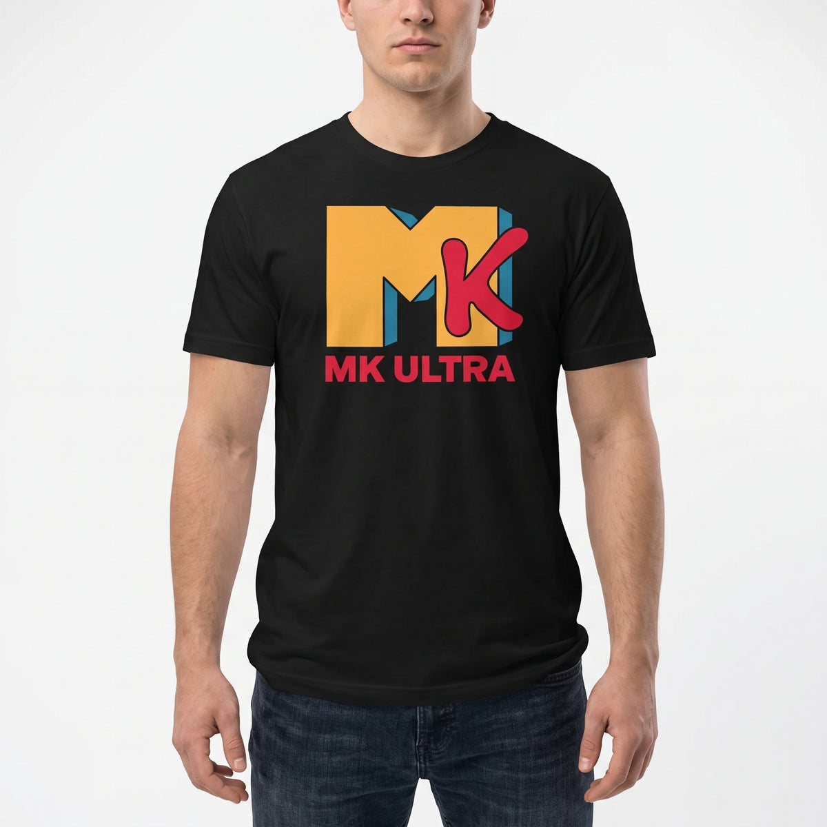 A man wearing a black short-sleeve t-shirt with a colorful graphic on the chest. The graphic features a stylized yellow and orange 'M' with a red 'K' and the text 'MK ULTRA' in red below it.
