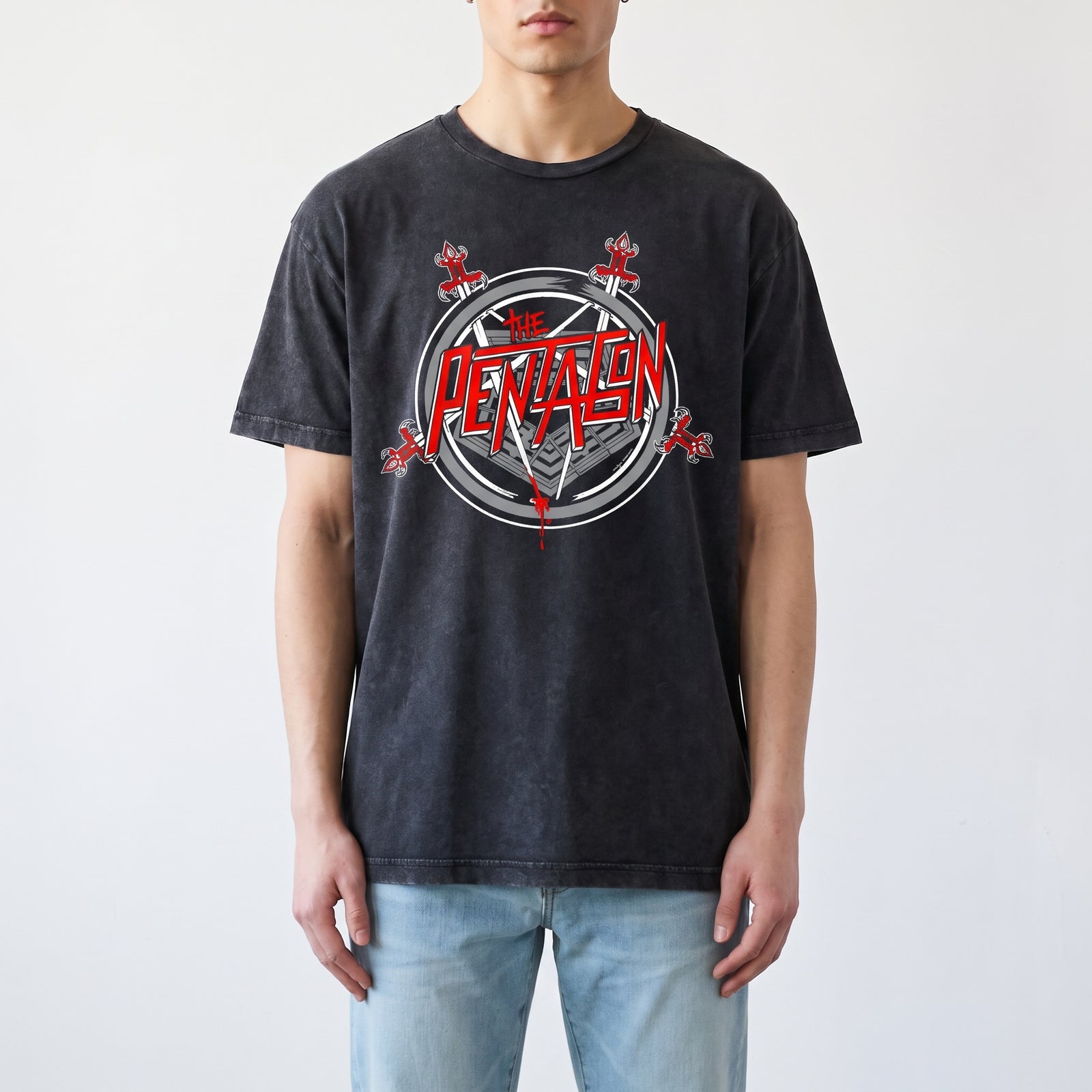The Pentagon vintage concert graphic tee in mineral-washed Vintage Black, front product photograph