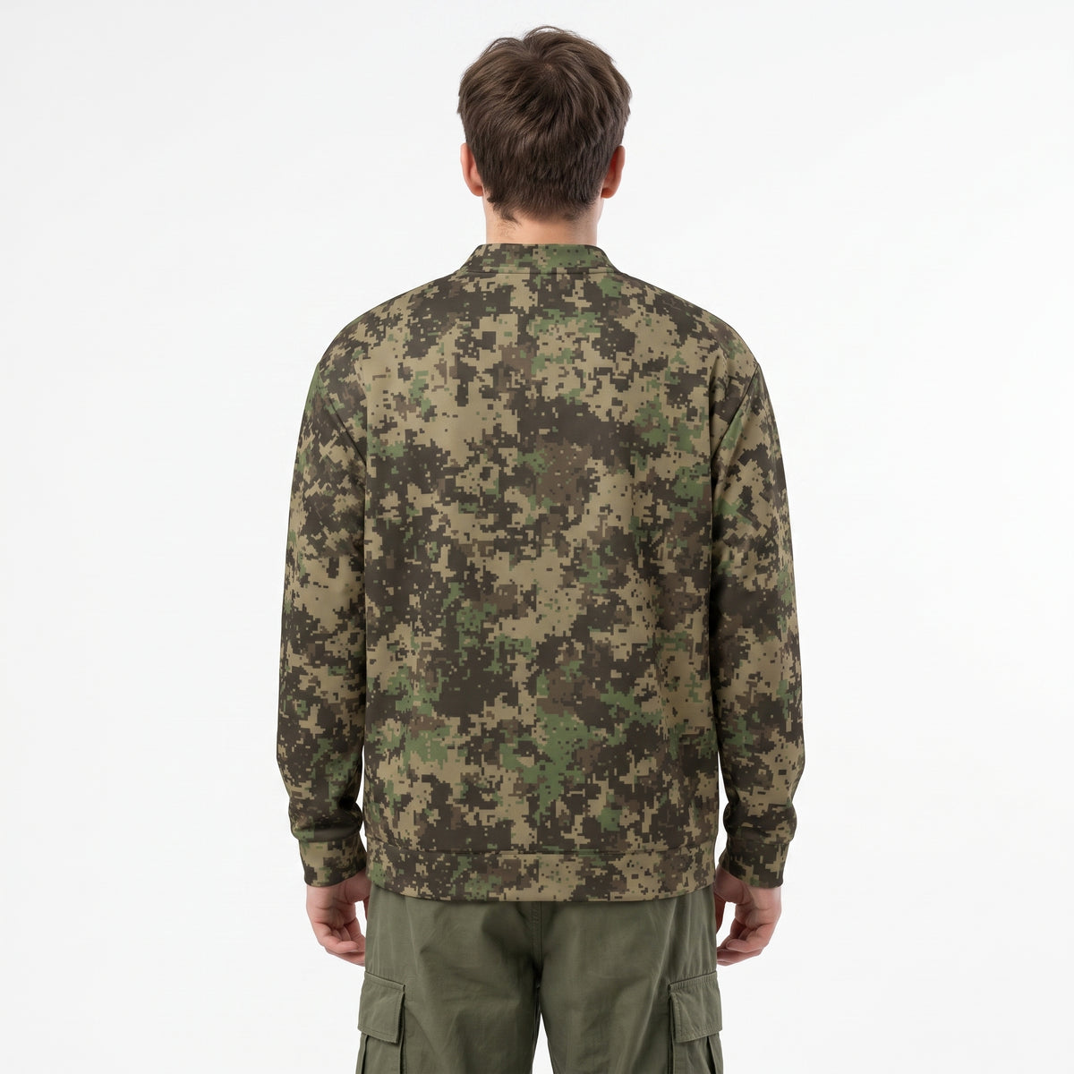Digital Camo Bomber Jacket back mockup, all-over digital camo print