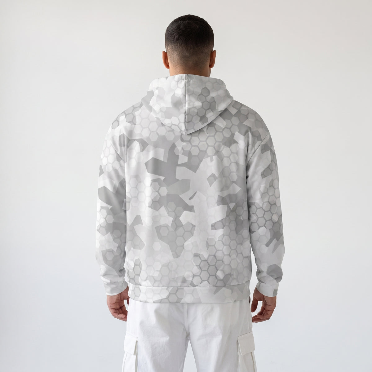 Over-the-shoulder view of the Arctic Shatter Camo Zip Hoodie