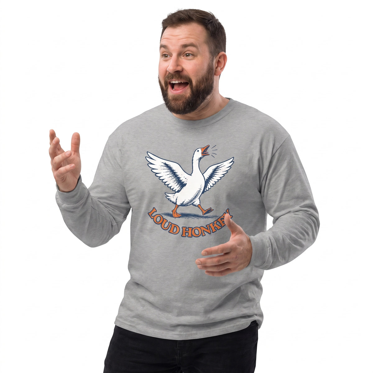 A man wearing a heather gray long-sleeve t-shirt with a graphic of a white goose flying and the words 'LOUD HONKEY' in orange, set against a plain white background.