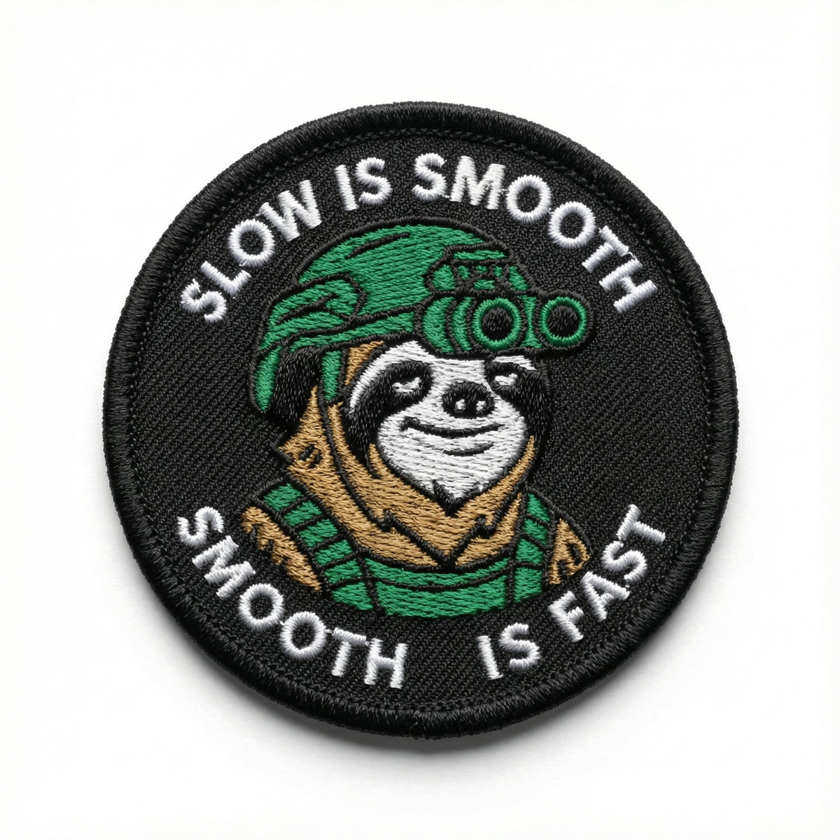Embroidered patch with a sloth character and text &#39;Slow is Smooth, Smooth is Fast&#39; on a black background.