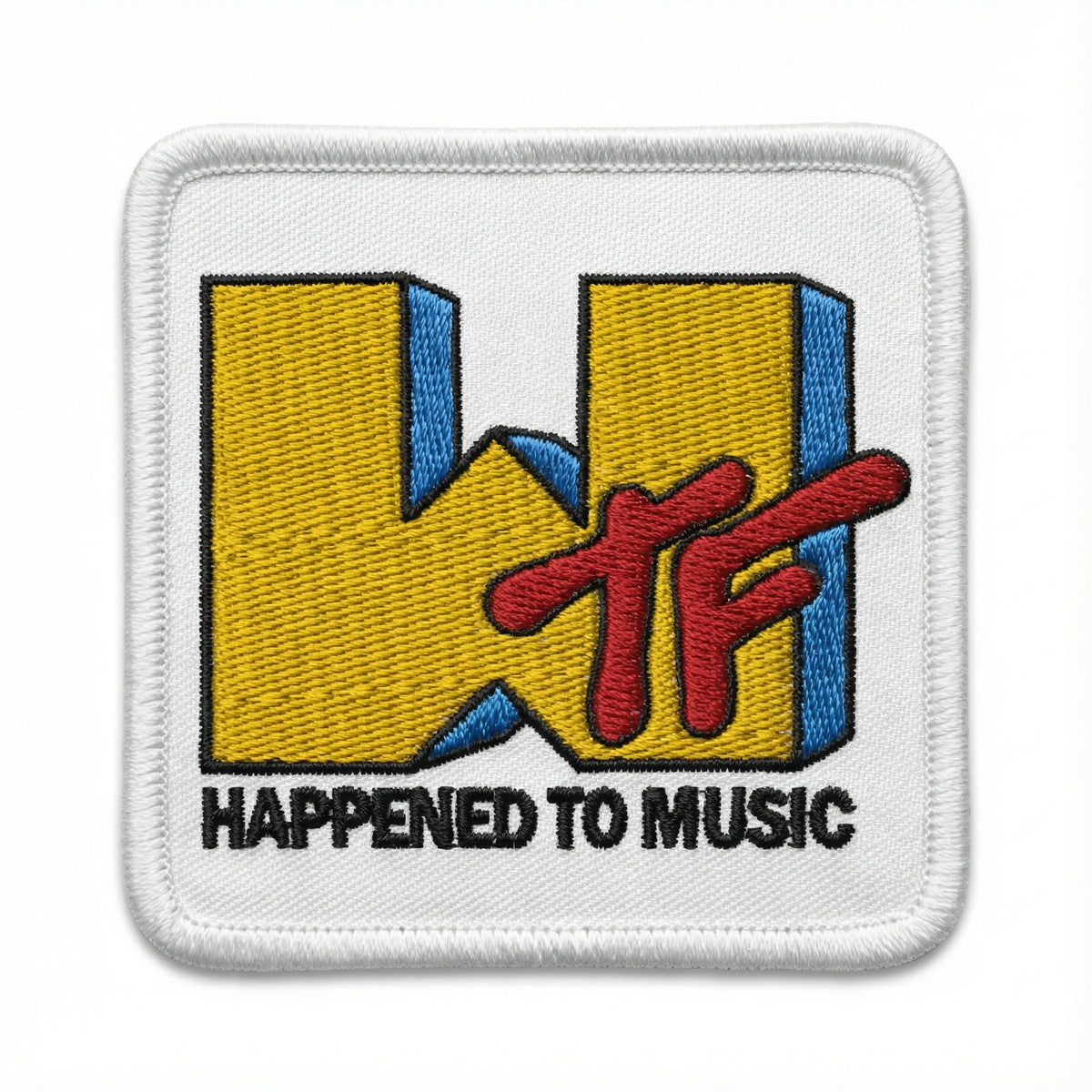 Embroidered patch with colorful design and text on a white background