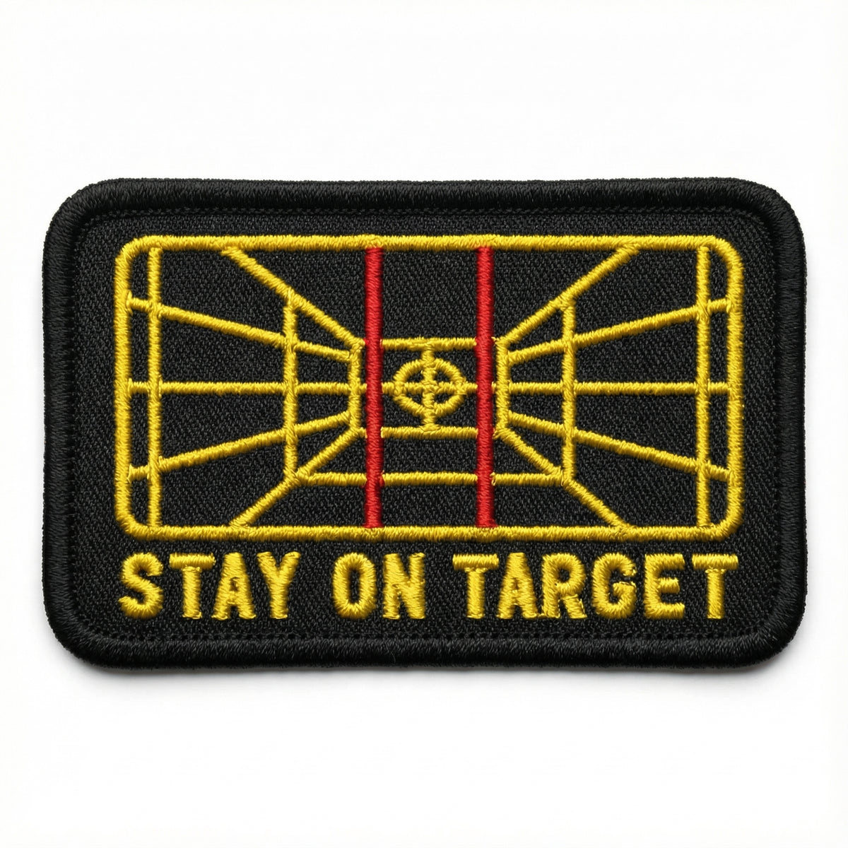 Patch with &#39;Stay on Target&#39; text and target design on a white background