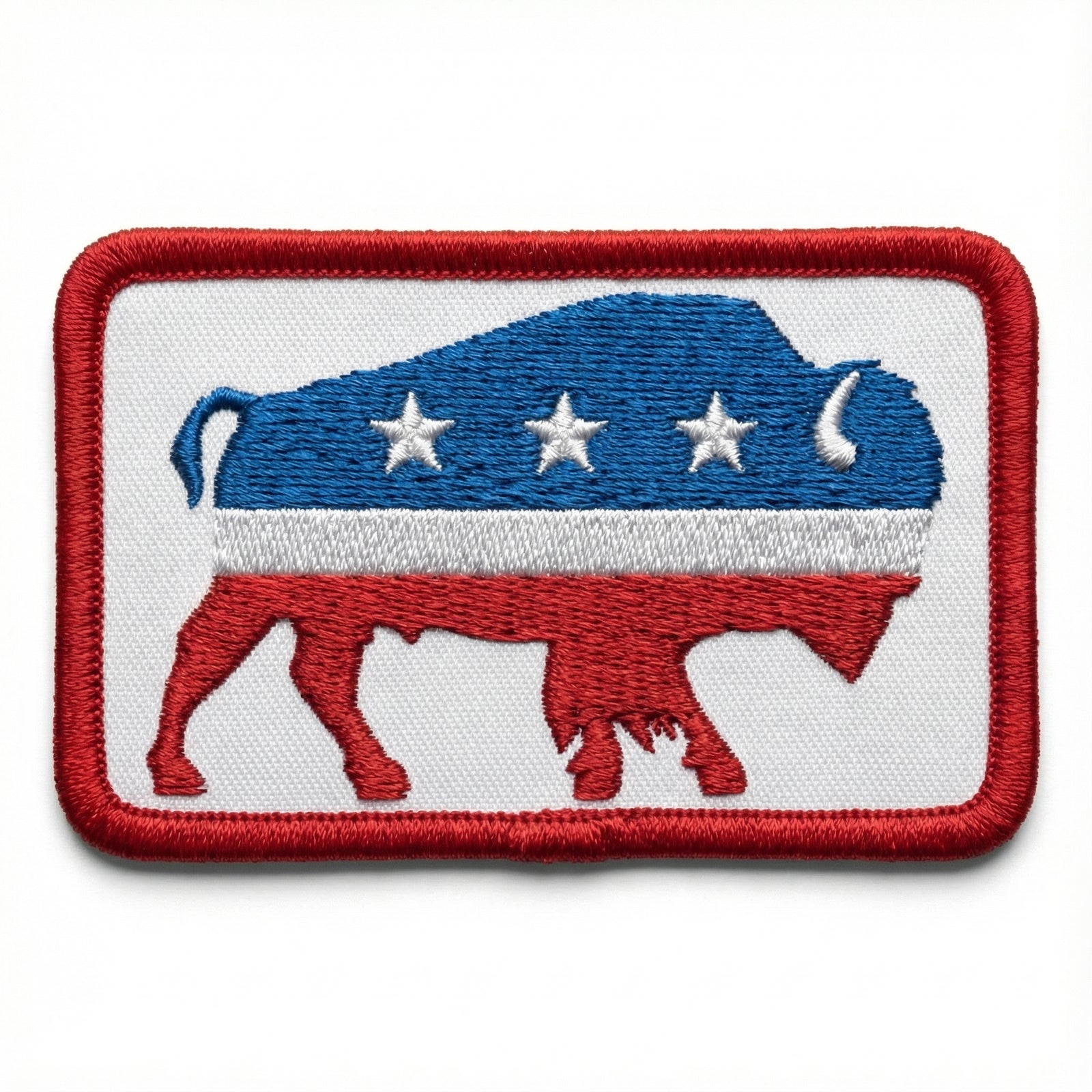 Embroidered patch with a blue, white, and red design featuring a buffalo silhouette on a white background.