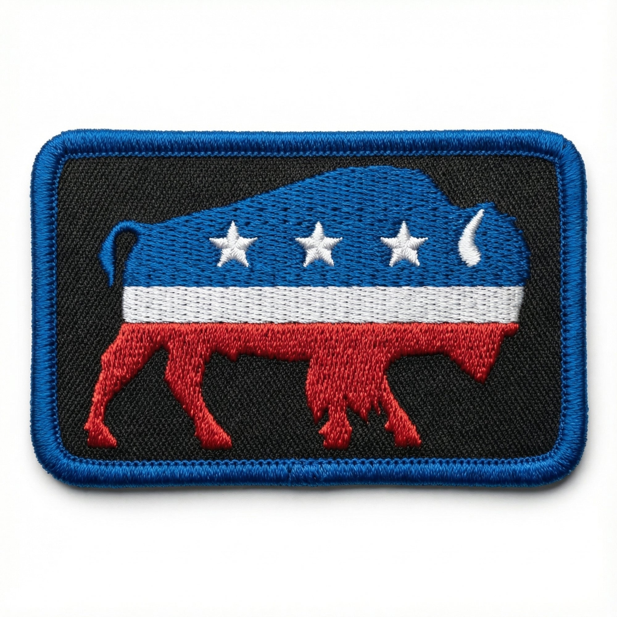 Embroidered patch with a blue, white, and red Liberty Maniacs Bison design on a black background