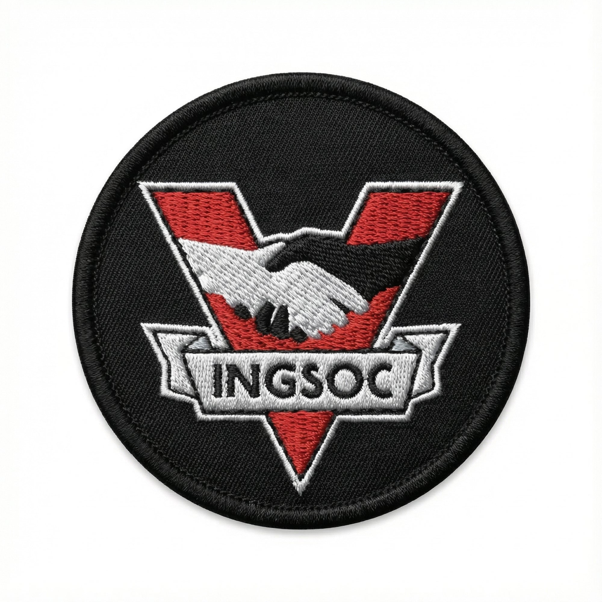 Patch with 'INGSOC' logo featuring a handshake between two hands on a black background