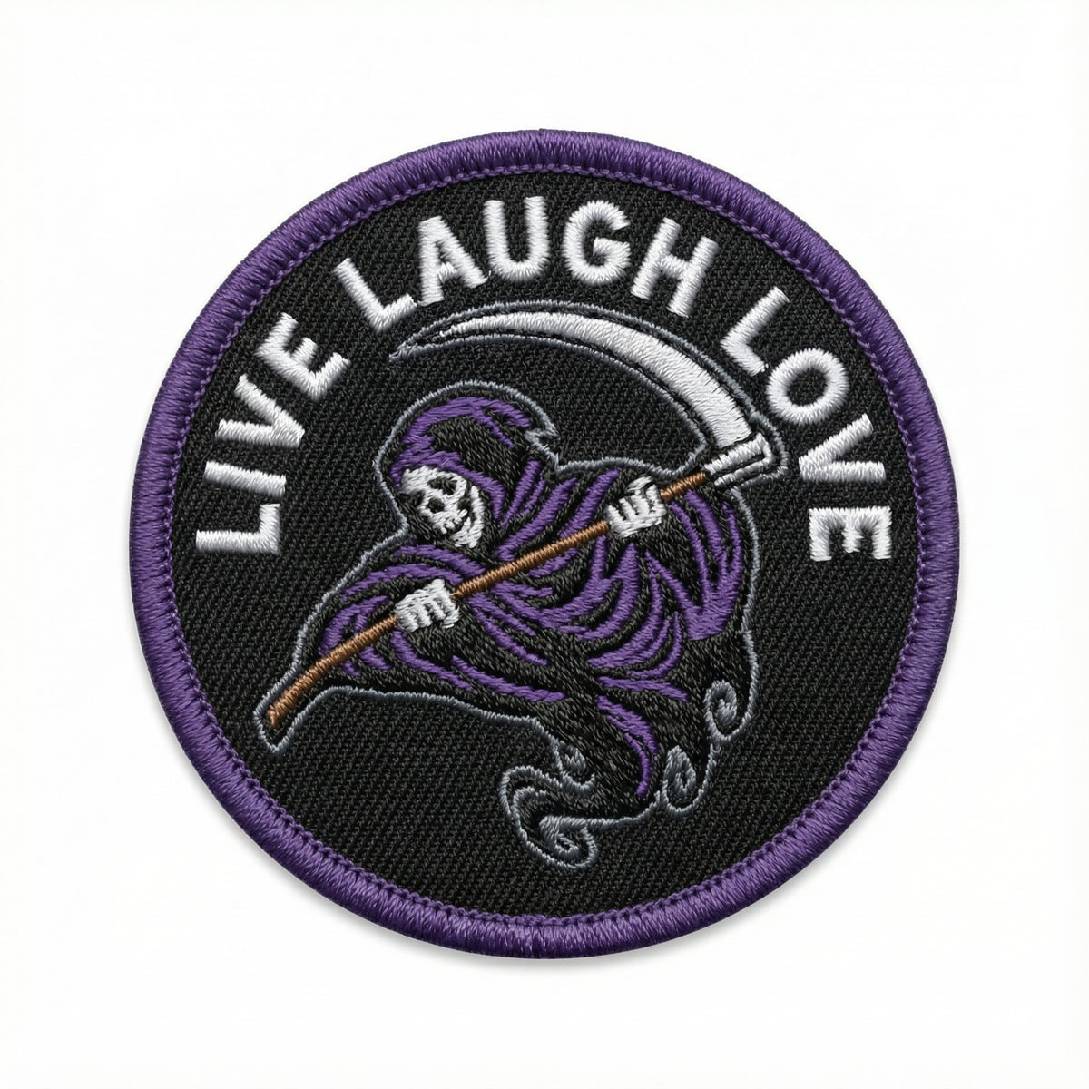 Patch with a purple Grim Reaper holding a sword, text &#39;Live Laugh Love&#39; on a black background.