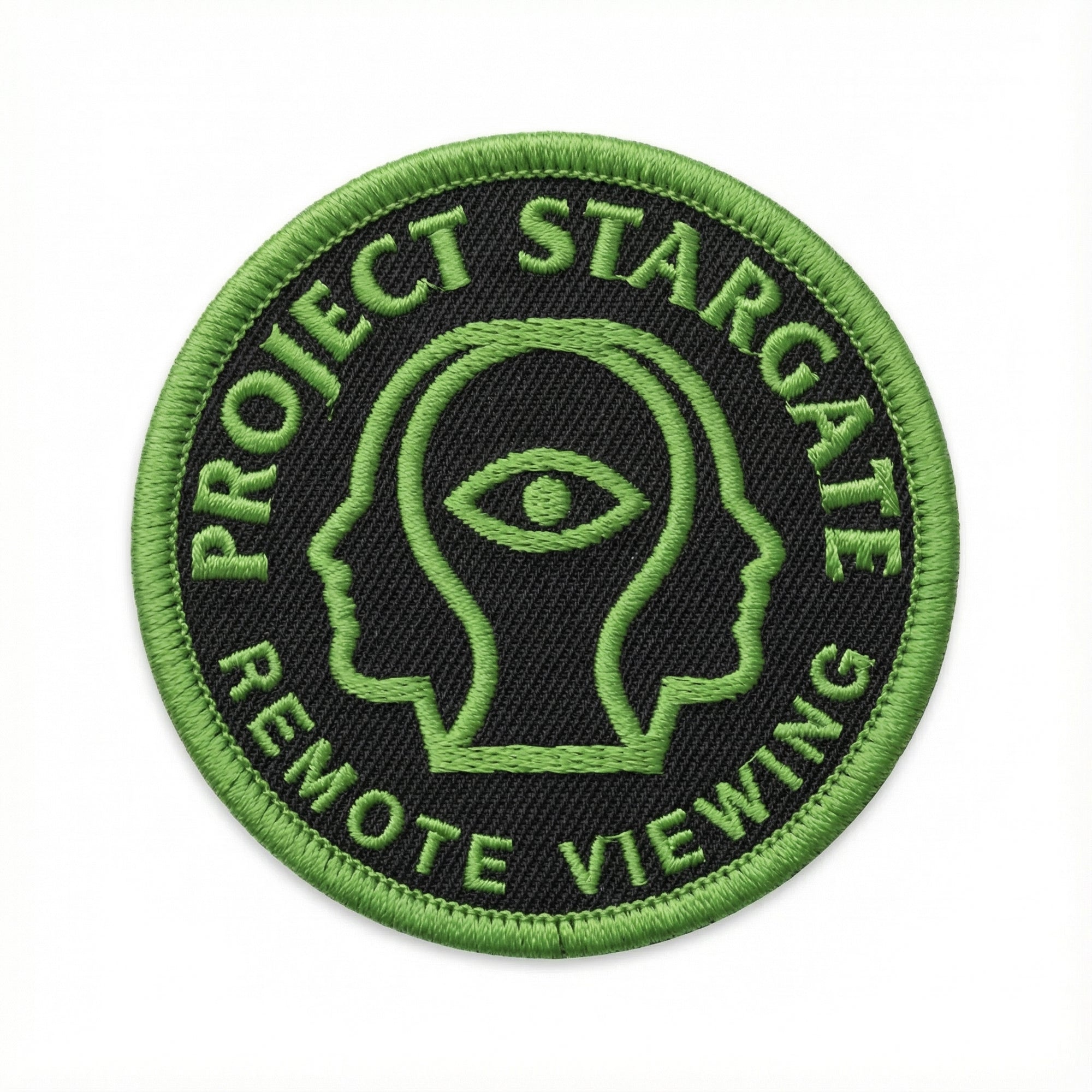 Circular patch with 'Project Stargate Remote Viewing' text and logo on a white background