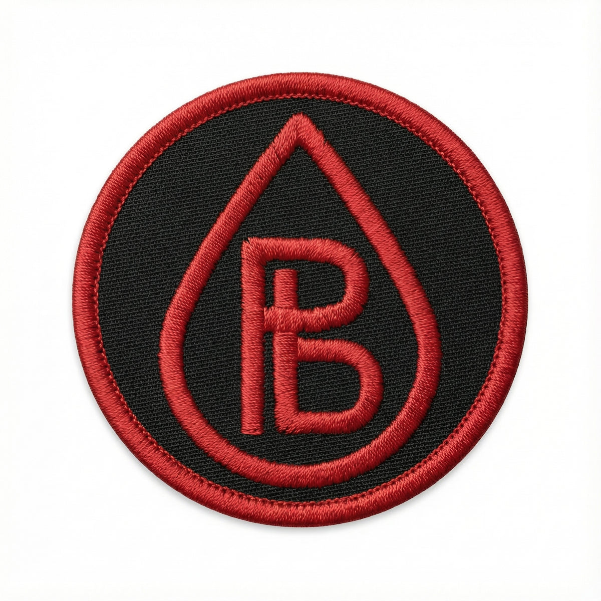 Circular patch with red triangle blood drop and letters &#39;P&#39; and &#39;B&#39; as a monogram for pureblood on black background