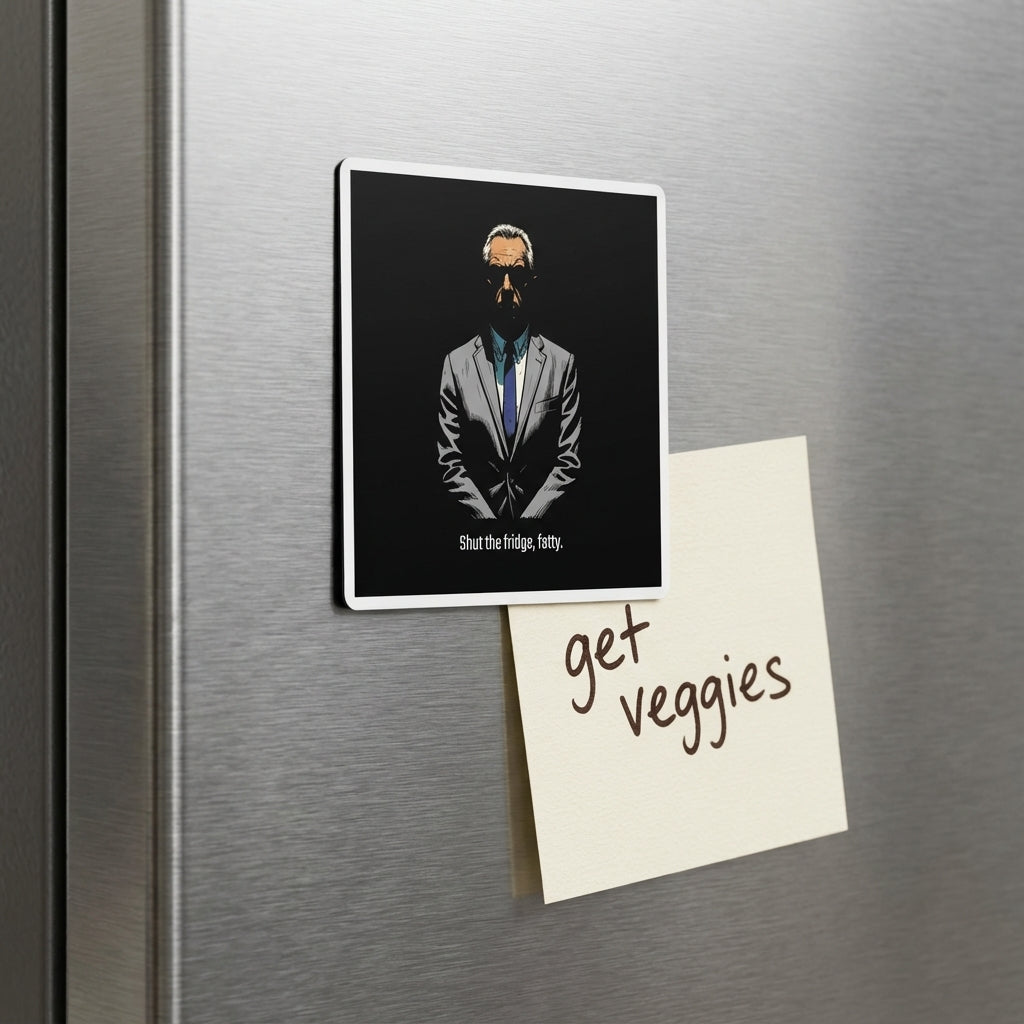 Magnet with a stylized portrait on a refrigerator door with a 'get veggies' note.