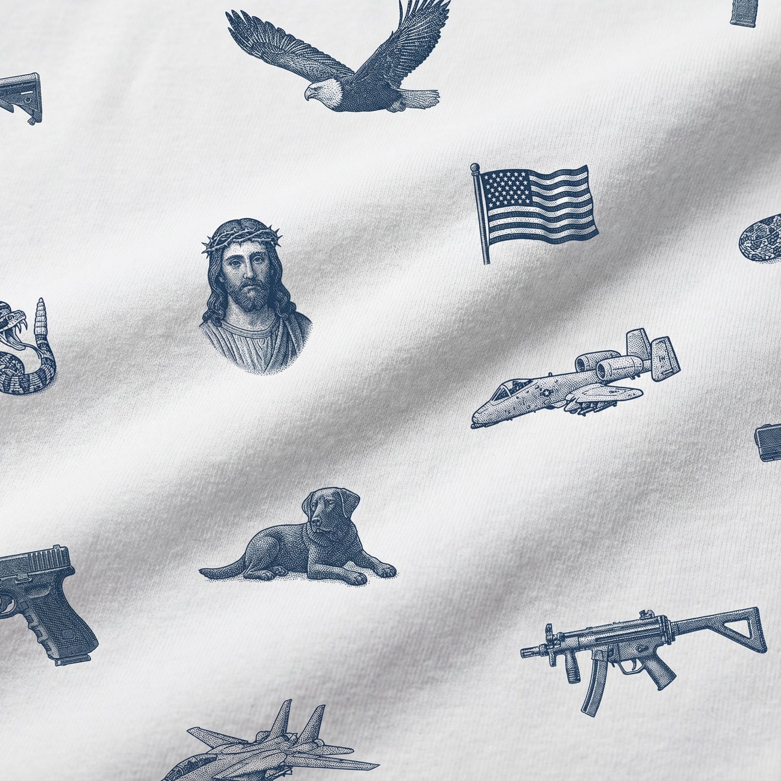 Pattern of various icons including an eagle, American flag, Jesus Christ, gun, airplane, and dog on a white background.