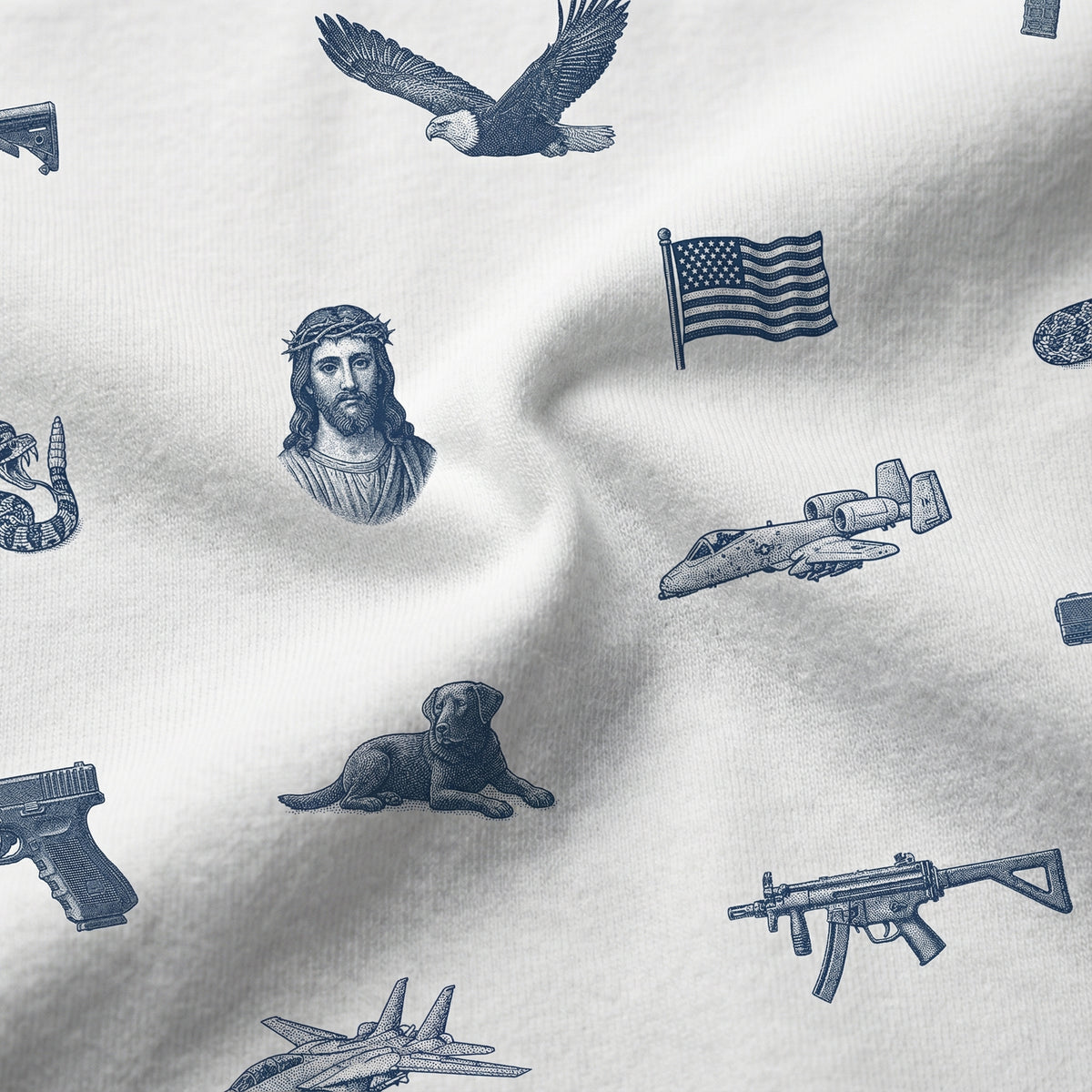 Pattern of various icons including an eagle, American flag, Jesus Christ, gun, airplane, and dog on a white background.
