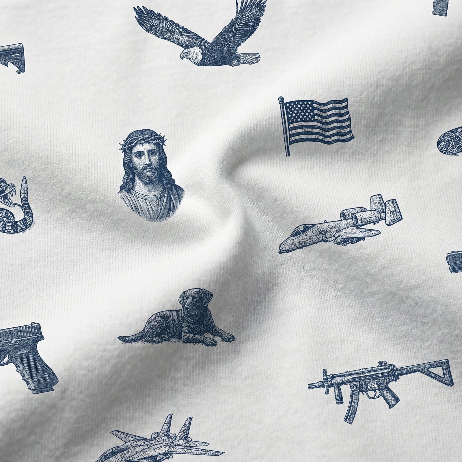 White t-shirt with blue gun and flag pattern on a white background