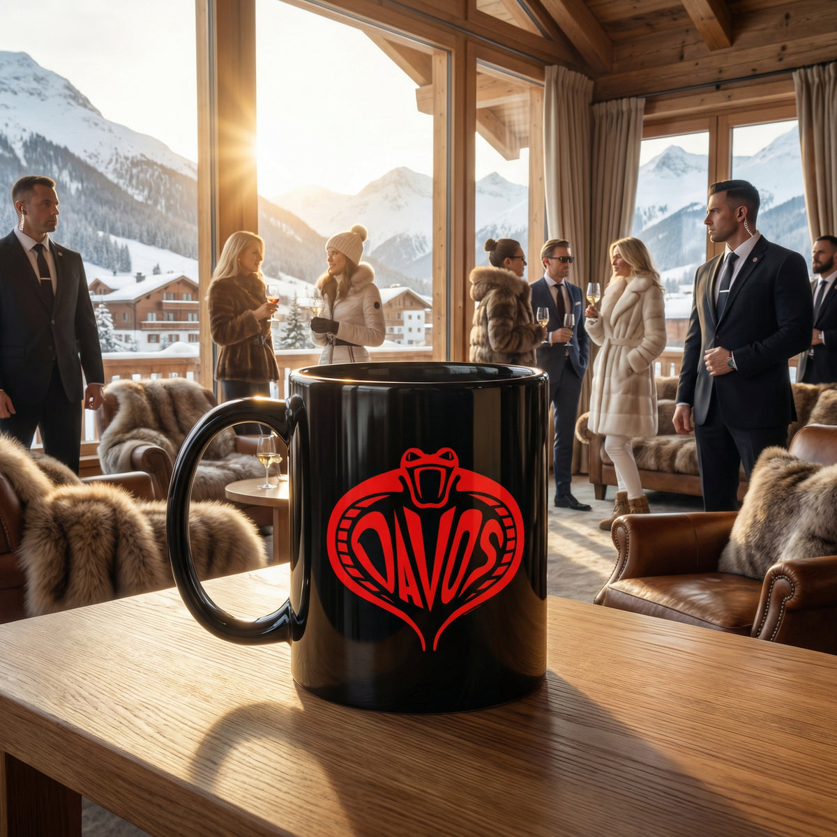 Black mug with red logo on a table in a luxurious room with people and mountain views