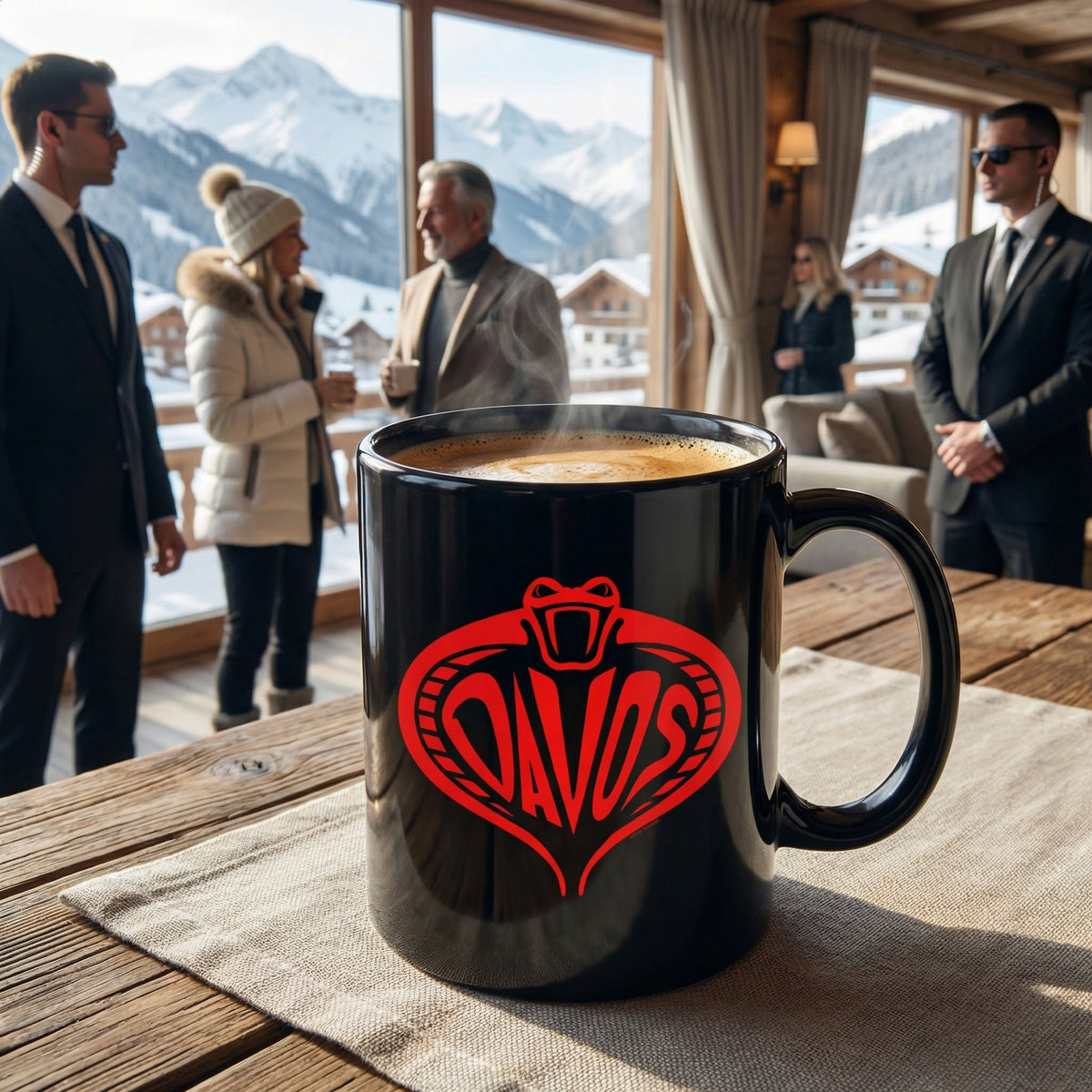 Black mug with Davos logo on a table in a snowy mountain setting
