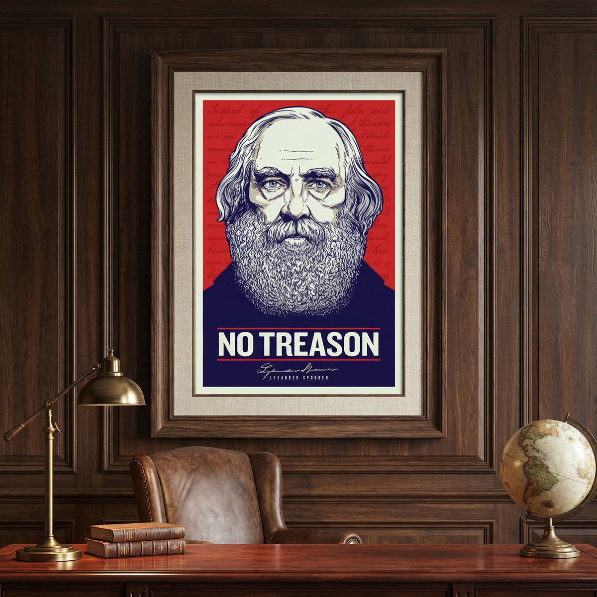 Framed poster with a portrait and 'No Treason' text on a red and blue background, displayed in a room with wooden walls and furniture.