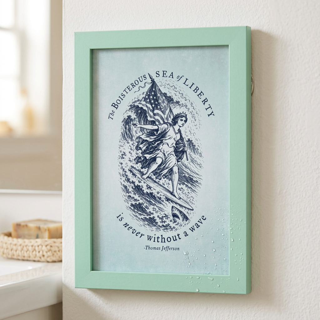Sea of Liberty Jefferson quote framed print in Mint Green, shown hanging on a light wall beside a window