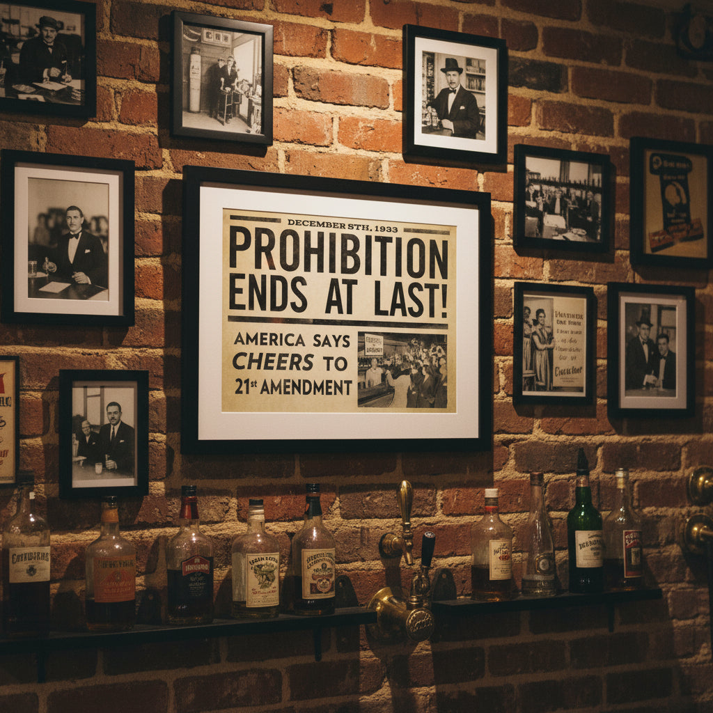 Framed newspaper with 'Prohibition Ends at Last!' headline on a beige wall