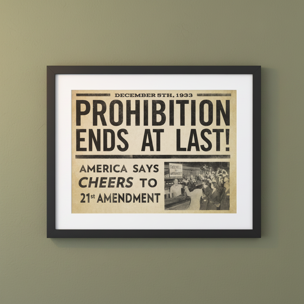 Framed newspaper with 'Prohibition Ends at Last!' headline on a beige wall