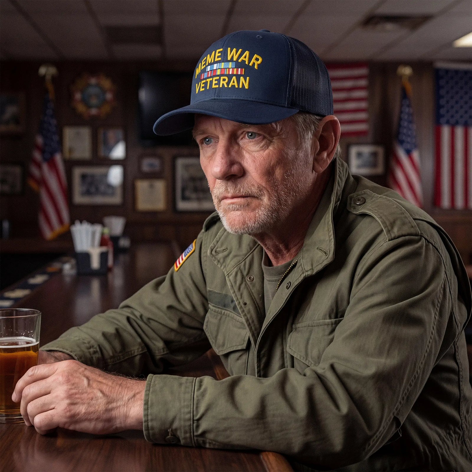 Veteran wearing a cap with 'Meme War Veteran' hat, sitting at the bar at a VFW.