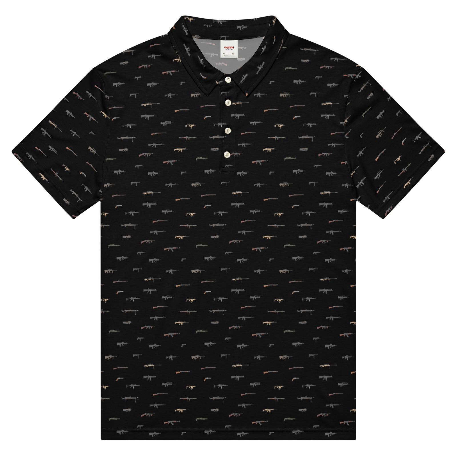 A black slim fit polo shirt with a pattern of characters and/or graphics in a tonal brown color on a darker background.