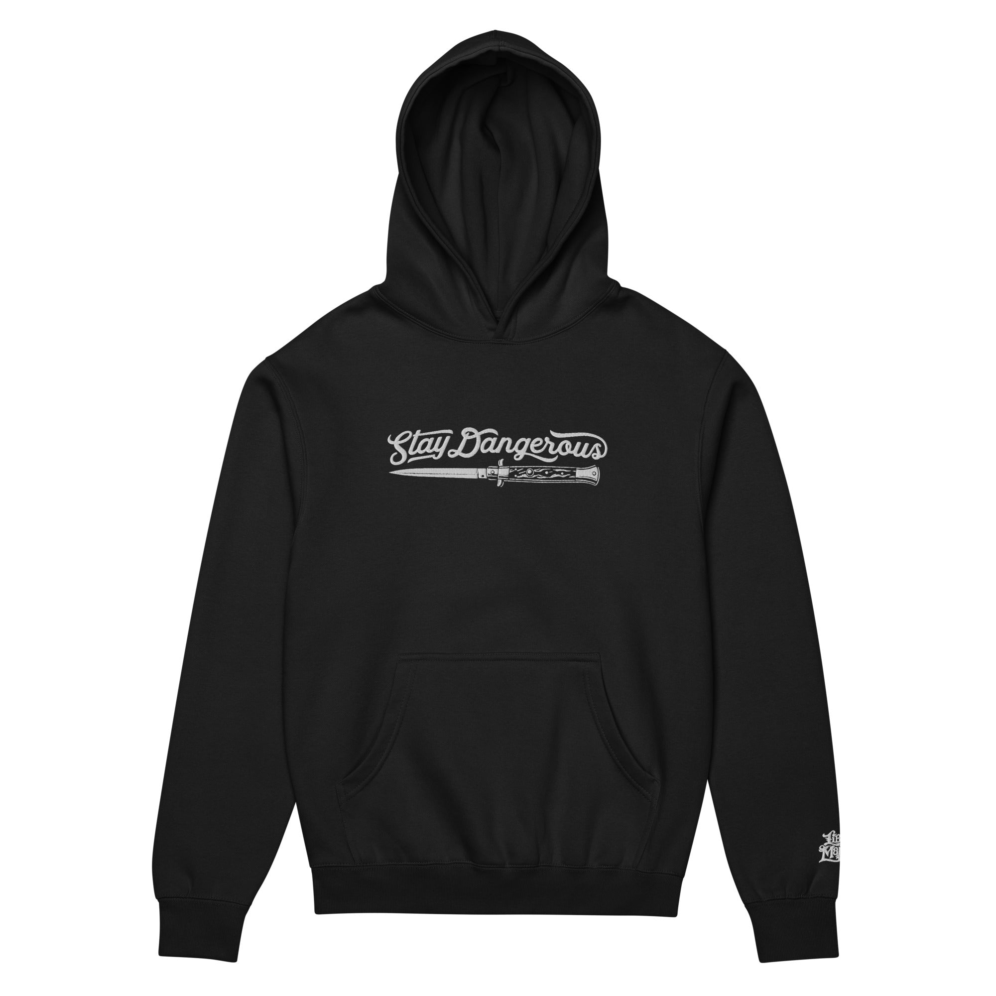 Black hoodie with 'Stay Dangerous' text on a white background