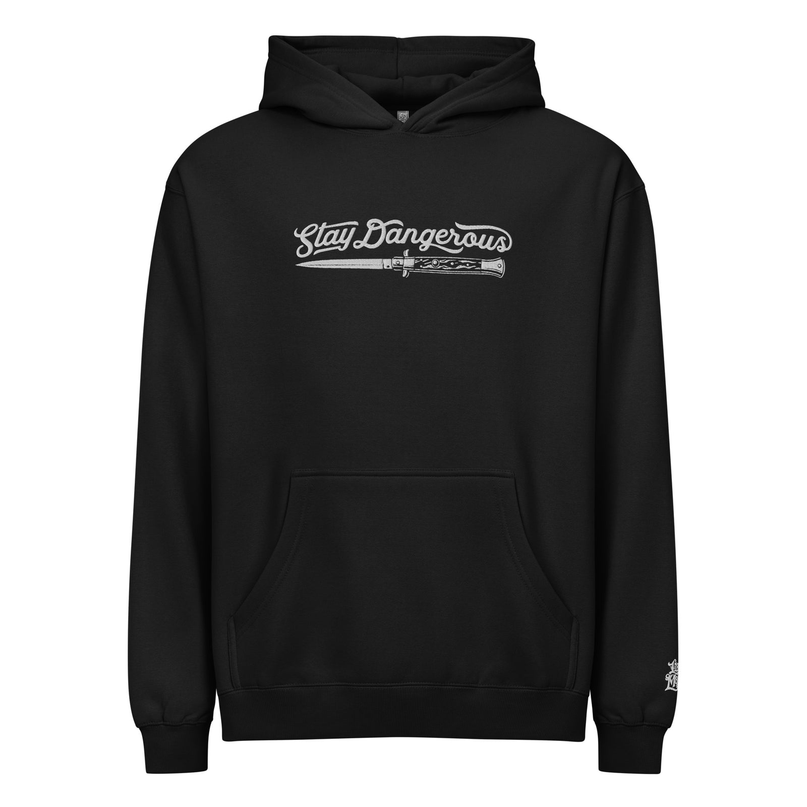 Black hoodie with 'Stay Dangerous' text on a white background