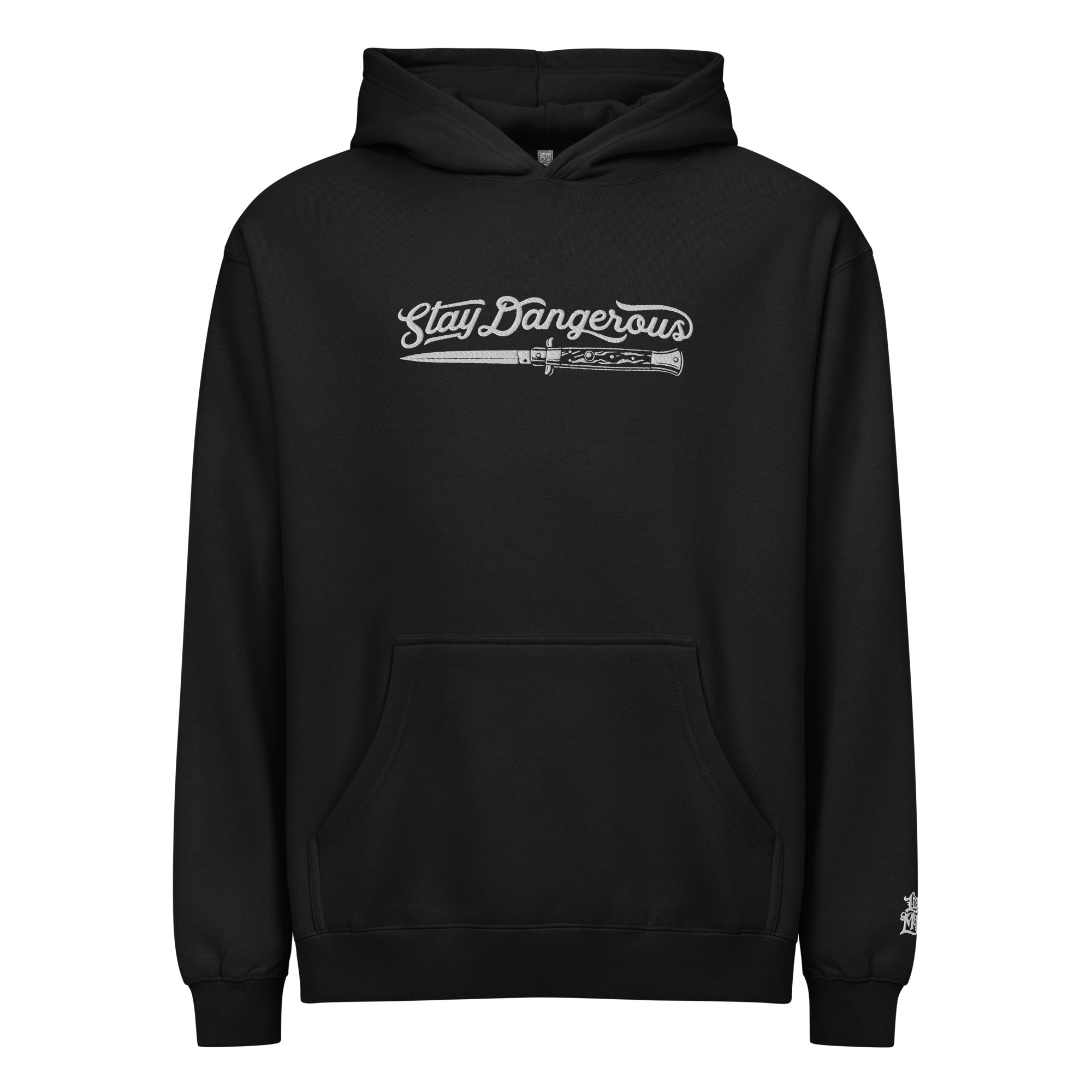 Black hoodie with 'Stay Dangerous' text on a white background