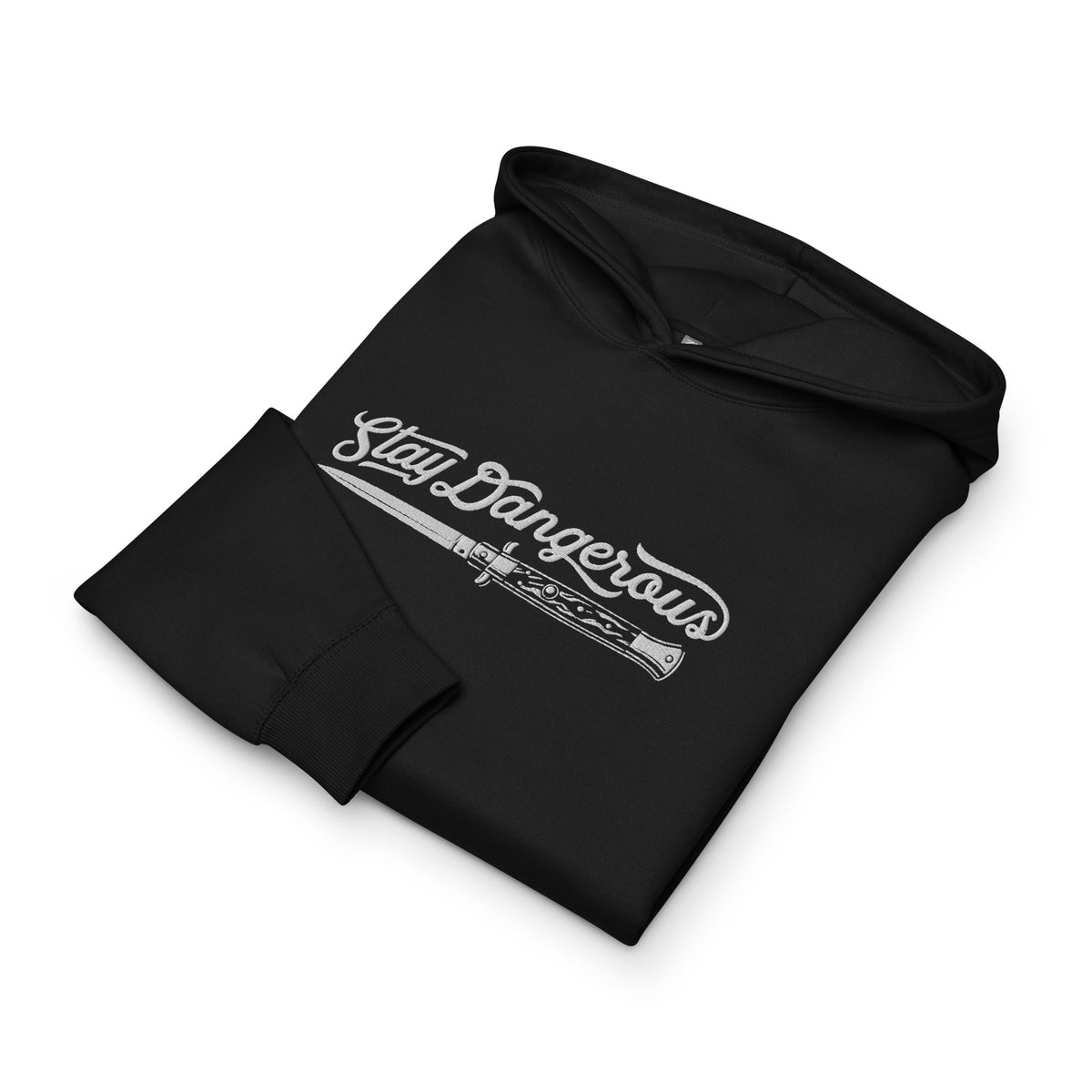 Black hoodie with &#39;Stay Dangerous&#39; text and graphic on a white background