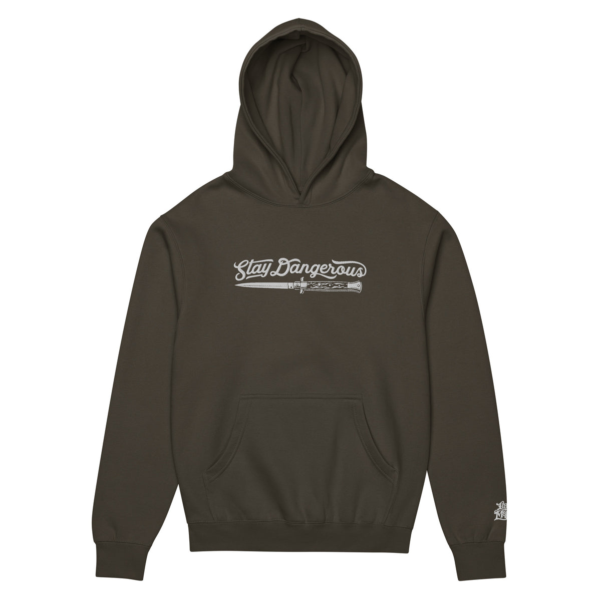 Dark green hoodie with &#39;Stay Dangerous&#39; text on a white background
