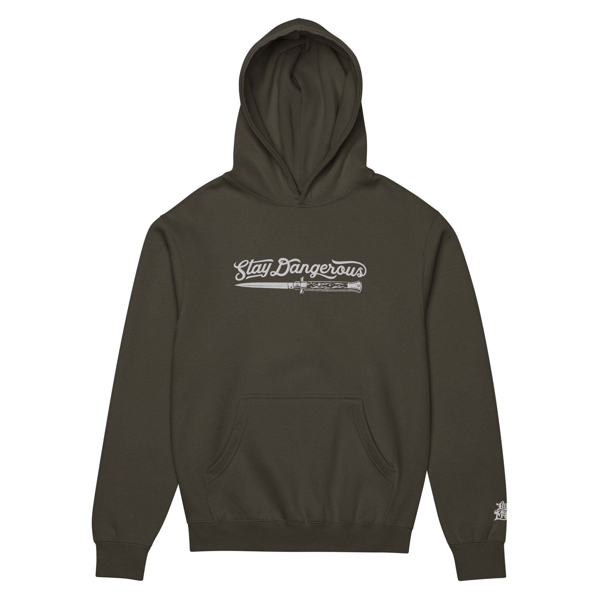 Dark green hoodie with 'Stay Dangerous' text on a white background