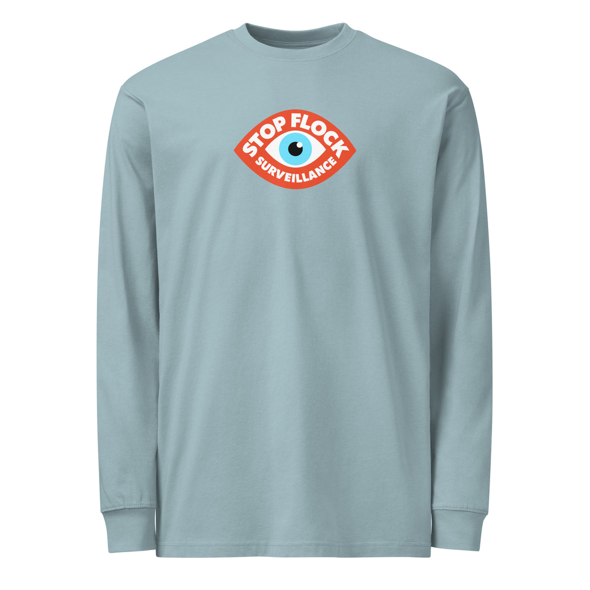 A light blue long-sleeve crewneck t-shirt with a red and blue 'Stop Flock Surveillance' graphic printed on the chest, displayed on a clean white background.