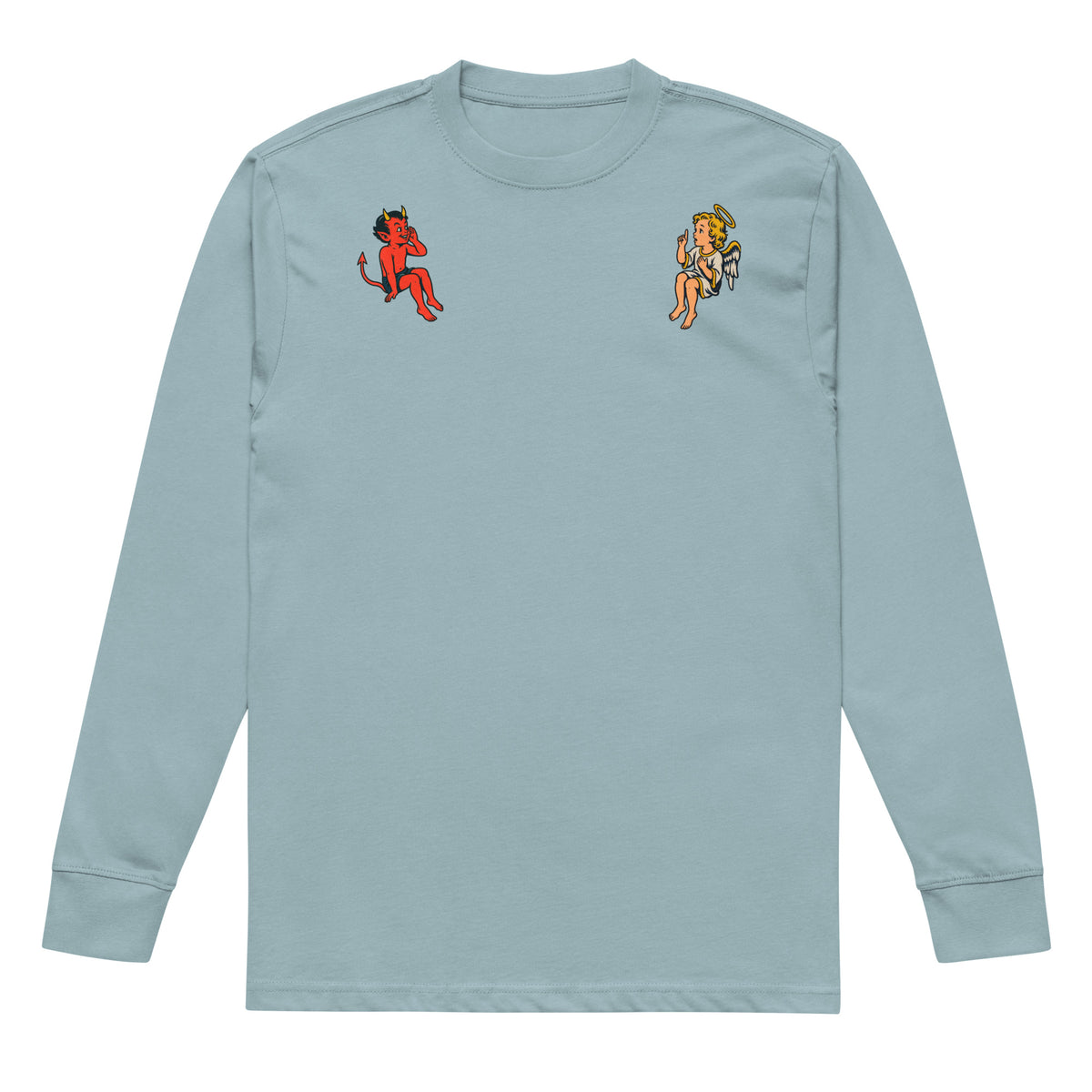 Agave green angel and devil shoulder heavyweight long sleeve tee, front view