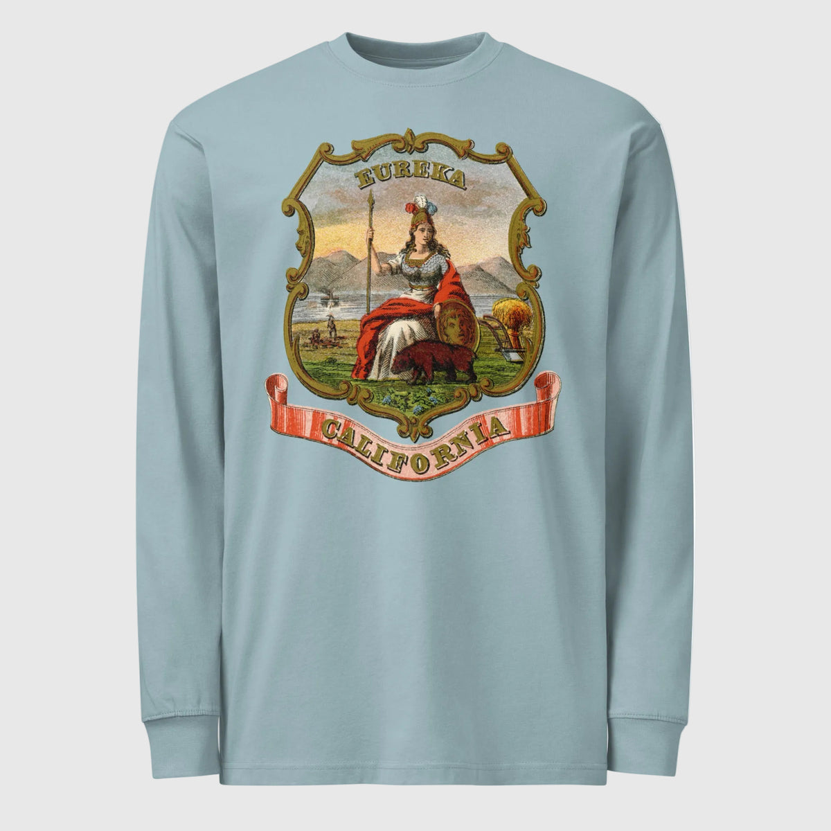 Front view of Agave men's vintage heavyweight long sleeve T-shirt with colorful California State Seal artwork.