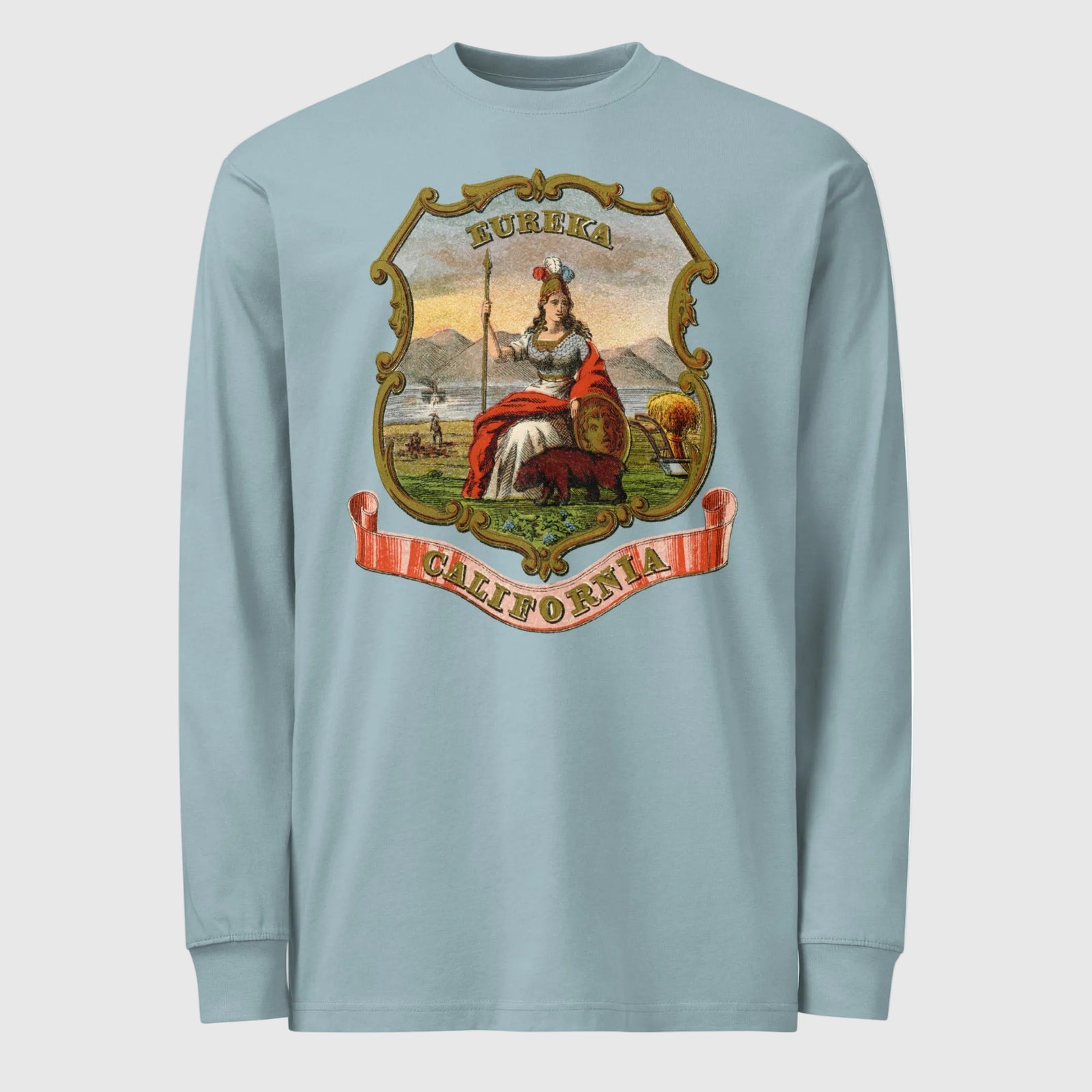 Front view of Agave men's vintage heavyweight long sleeve T-shirt with colorful California State Seal artwork.