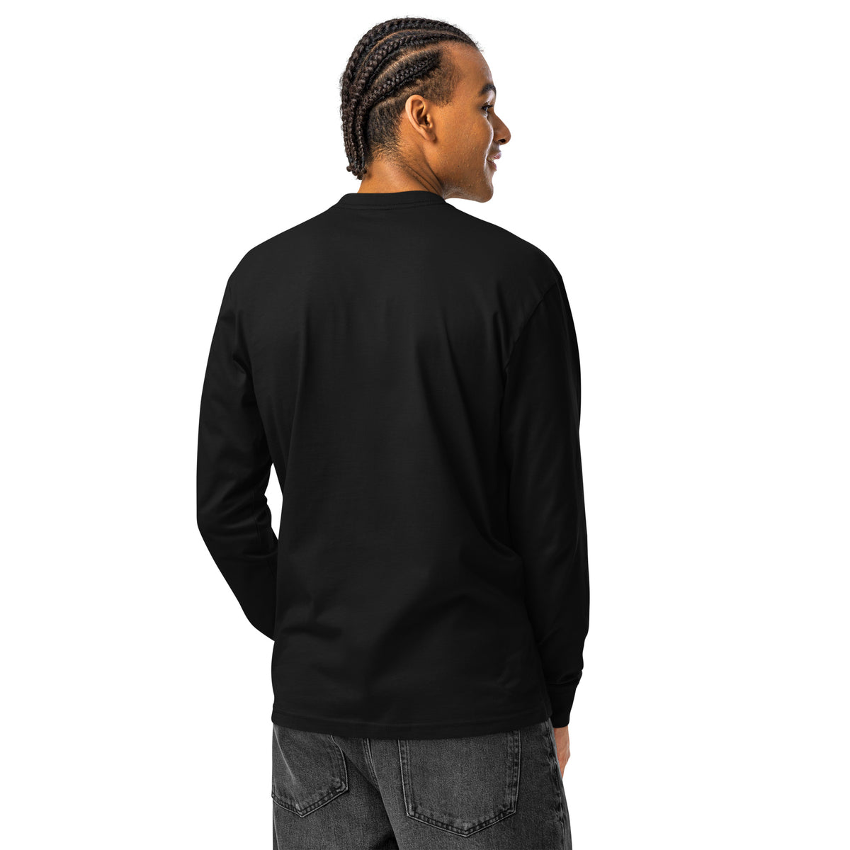 Black heavyweight long sleeve tee, plain back view