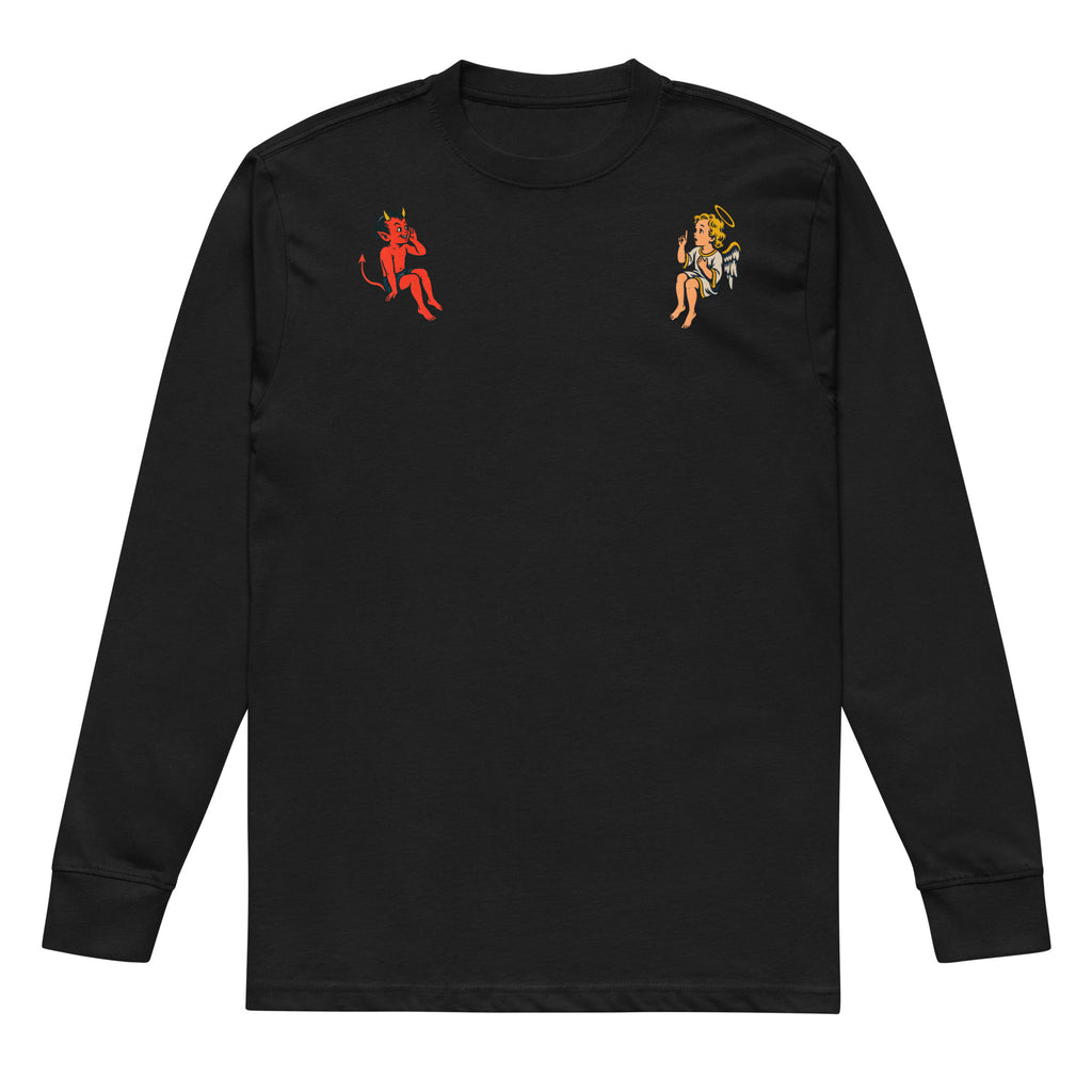 Black Free Will & Associates angel and devil heavyweight long sleeve tee, front view