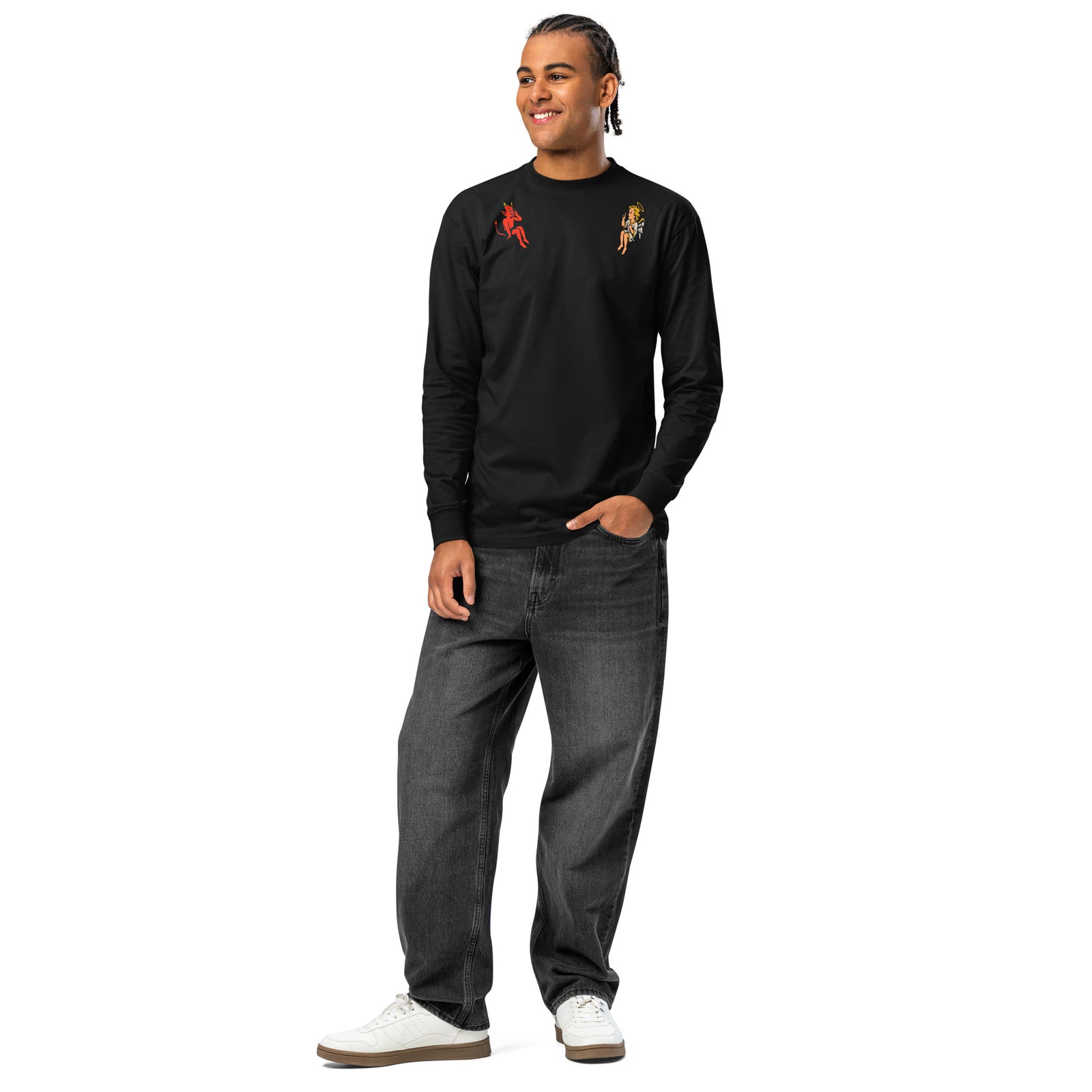 Black long sleeve shirt with vintage tattoo-style angel and devil shoulder artwork